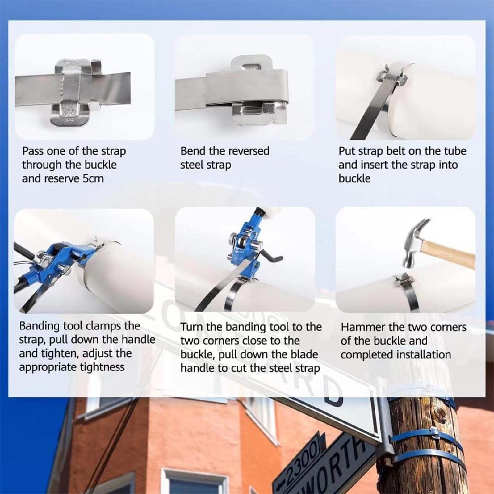 Herramienta de bandas de acero inoxidable con tensor de trinquete y cortador para correas de metal resistentes, ideal para asegurar cables, tuberías y carteles
