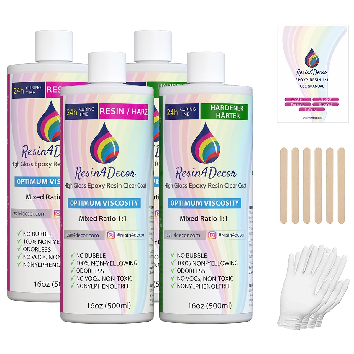 Epoxy Resin RESIN4DECOR 1:1 Casting Crystal Clear Adhesive for Arts Crafts Jewelry Making Molds and DIY Projects Non-Yellowing Non-Toxic High-Gloss Finish 12-24 Hour Cure Time Odorless - 2000ml