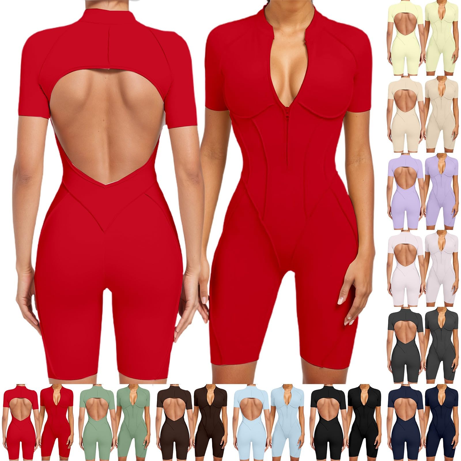 Generisch Combinaison de sport courte pour femme, avec fermeture éclair sur le devant, manches longues, dos nu, push-up, avec poches, short de fitness, une pièce, pour entraînement, yoga, gym, course