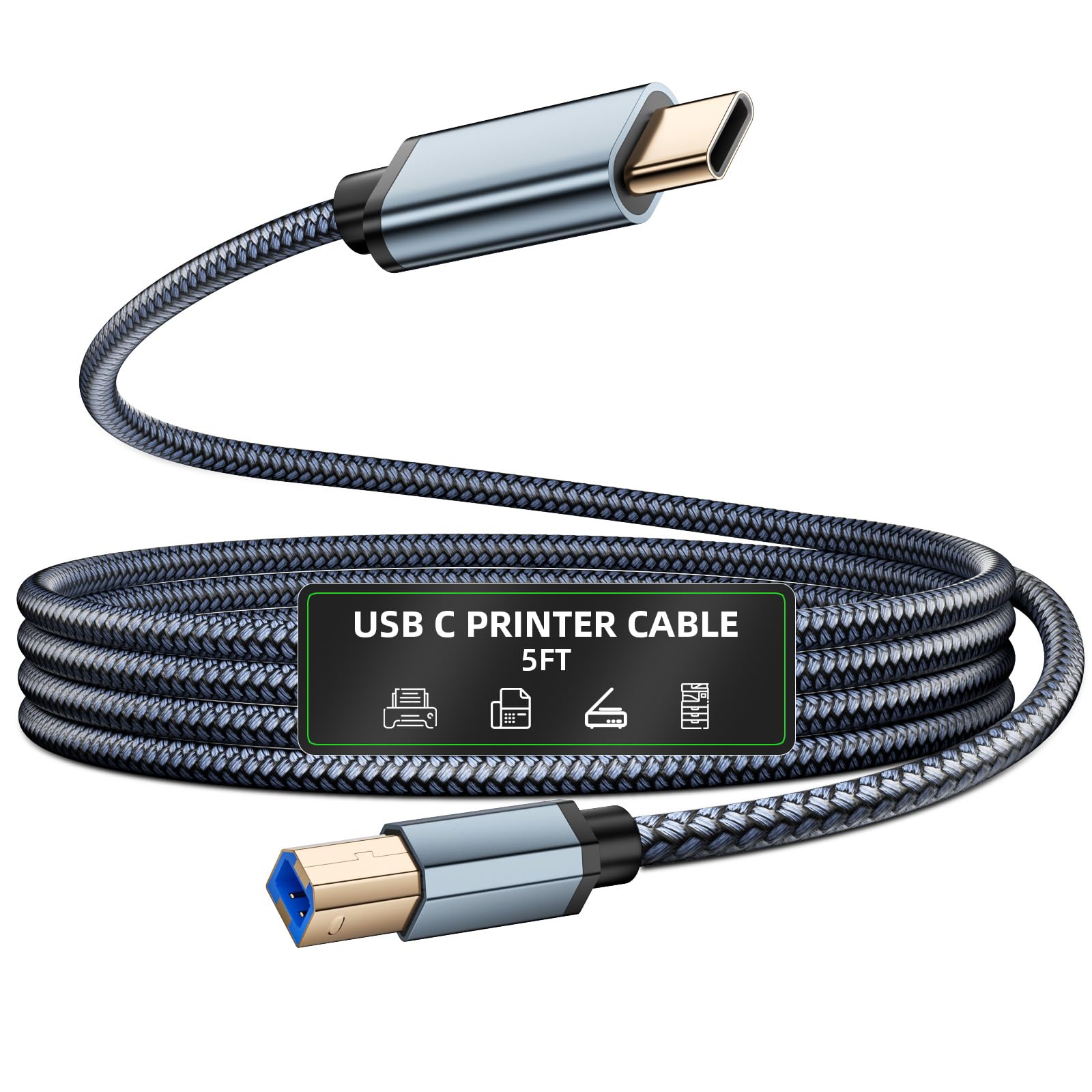 Printer Cable USB B to USB C 5ft, Nylon Braided Type B to Type C Printers Cord to USBC Computer for MacBook Pro Air, for HP/Epson/Canon/Brother/Lexmark/Xerox Scanner Keyboard DJ Controller Grey