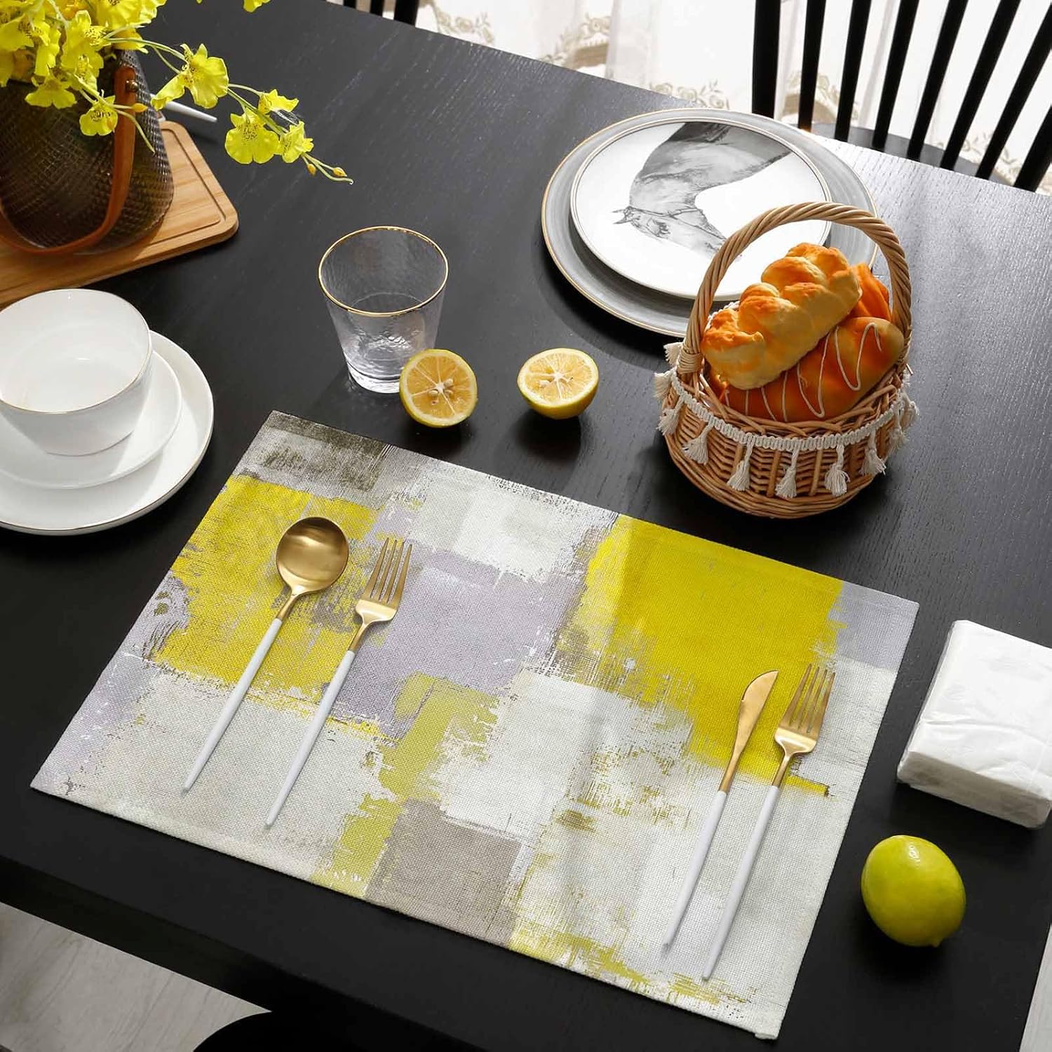 Abstract Place Mats 6 Pieces, Heat Insulation Stain Proof Placemats for Dining Table Durable Cotton Linen Kitchen Table Mat Placemat, Geometric Yellow Gray Graffiti