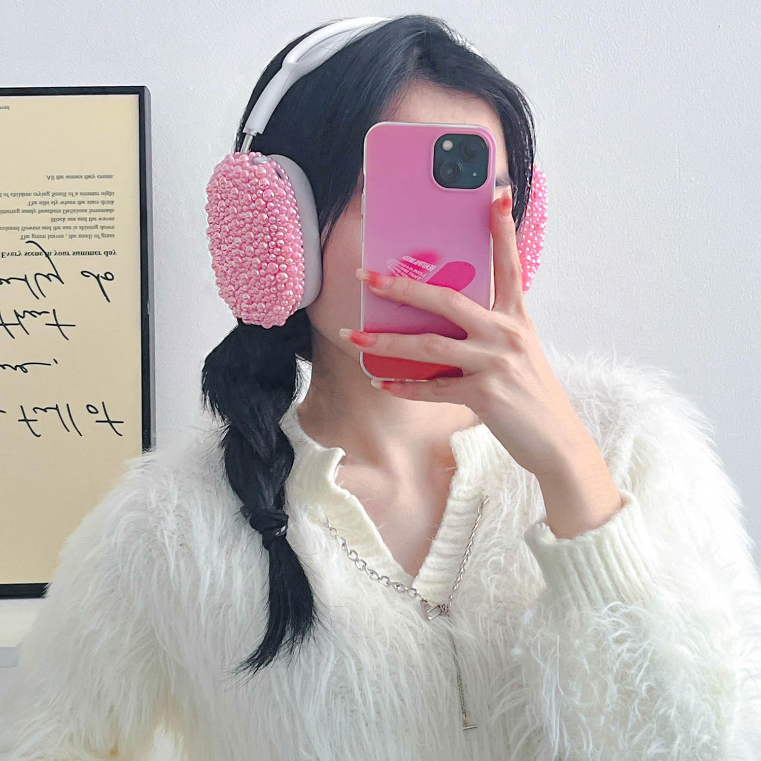 Glitter Pearls Case Cover for AirPods Max Headphones with Cleaner Pen Girls, Soft Handmade Beads TPU Ear Cups/Ear Pad/Headband Case Cover Silicone Protector for Apple Air Pod Max Accessories, Pink