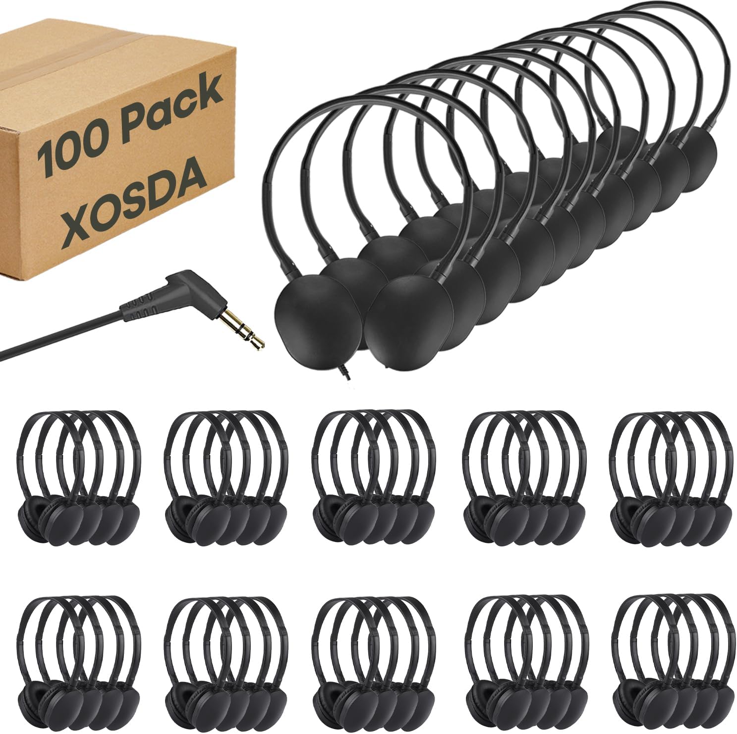 Kids Bulk Headphones 100 Pack for Student Children Classroom School Toddler Boys Girls Teen and Adults, Wholesale Wired Computer Earphones Class Set for Library Museums Airplane (LS04,100 Black)