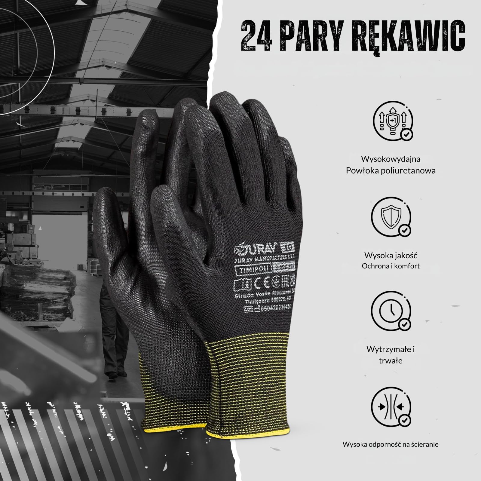 FUZZIO 24 pary rękawic roboczych Jurav PU - klamry robocze XL-10