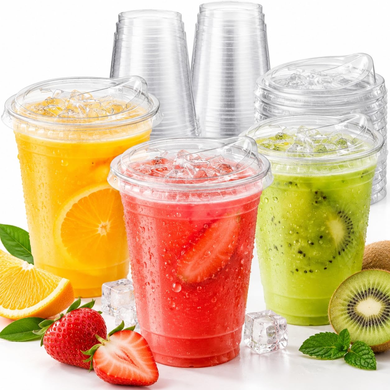 50 Sets 12oz Clear Plastic Cups with Lids,Disposable Cups for Cold Drinks