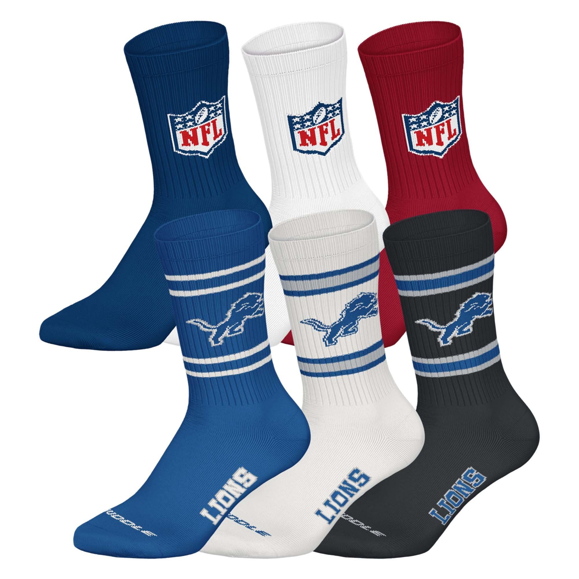 NFL Unisex Team Crew Socks, Detroit Lions, Mix, 43-46, Pack of 6