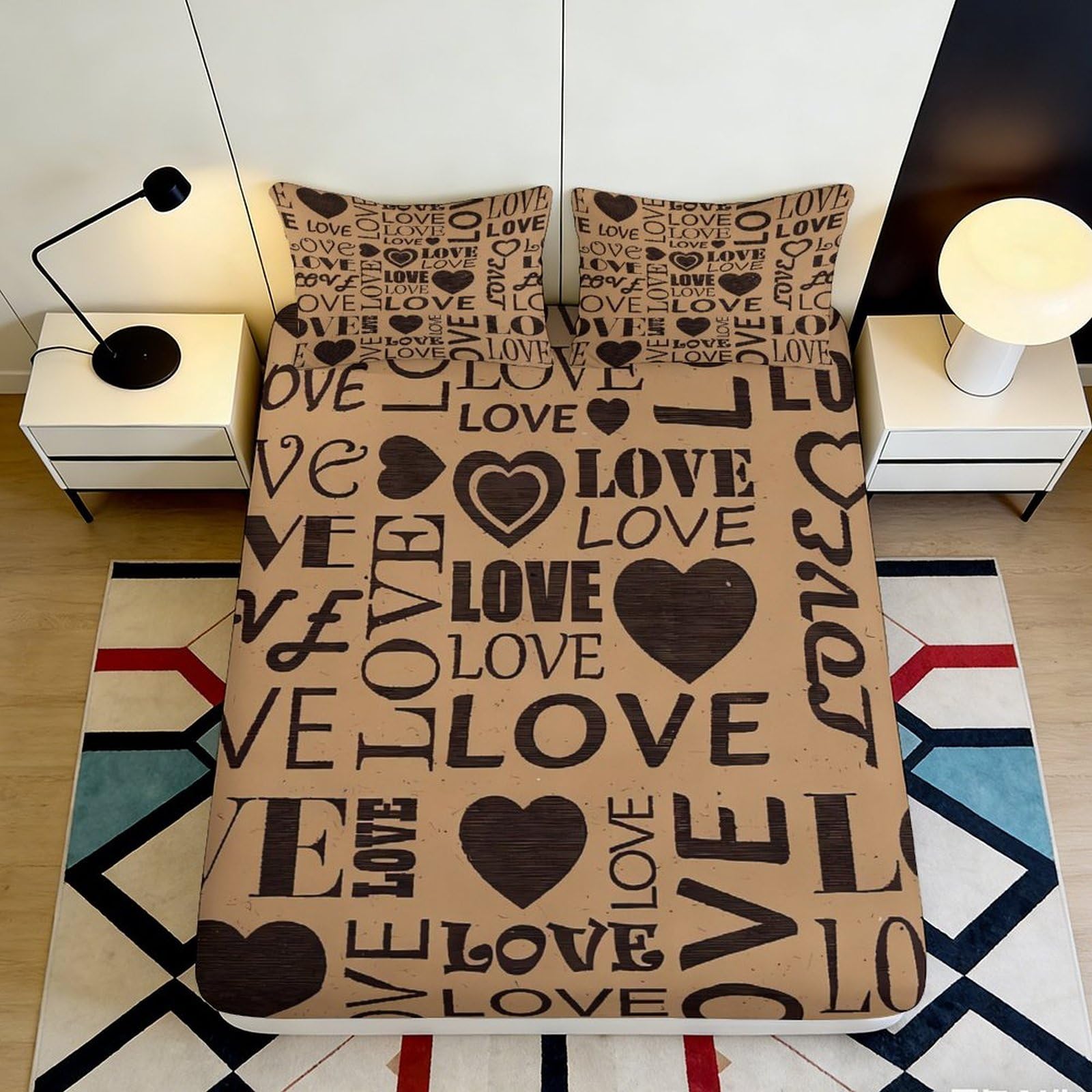 3D Printed Letter Love Fitted Sheet Microfiber Deep Pocket for Bedroom All Ages Heart Mattress Fitted Cover Washable Elastic Hem 180x200x25cm