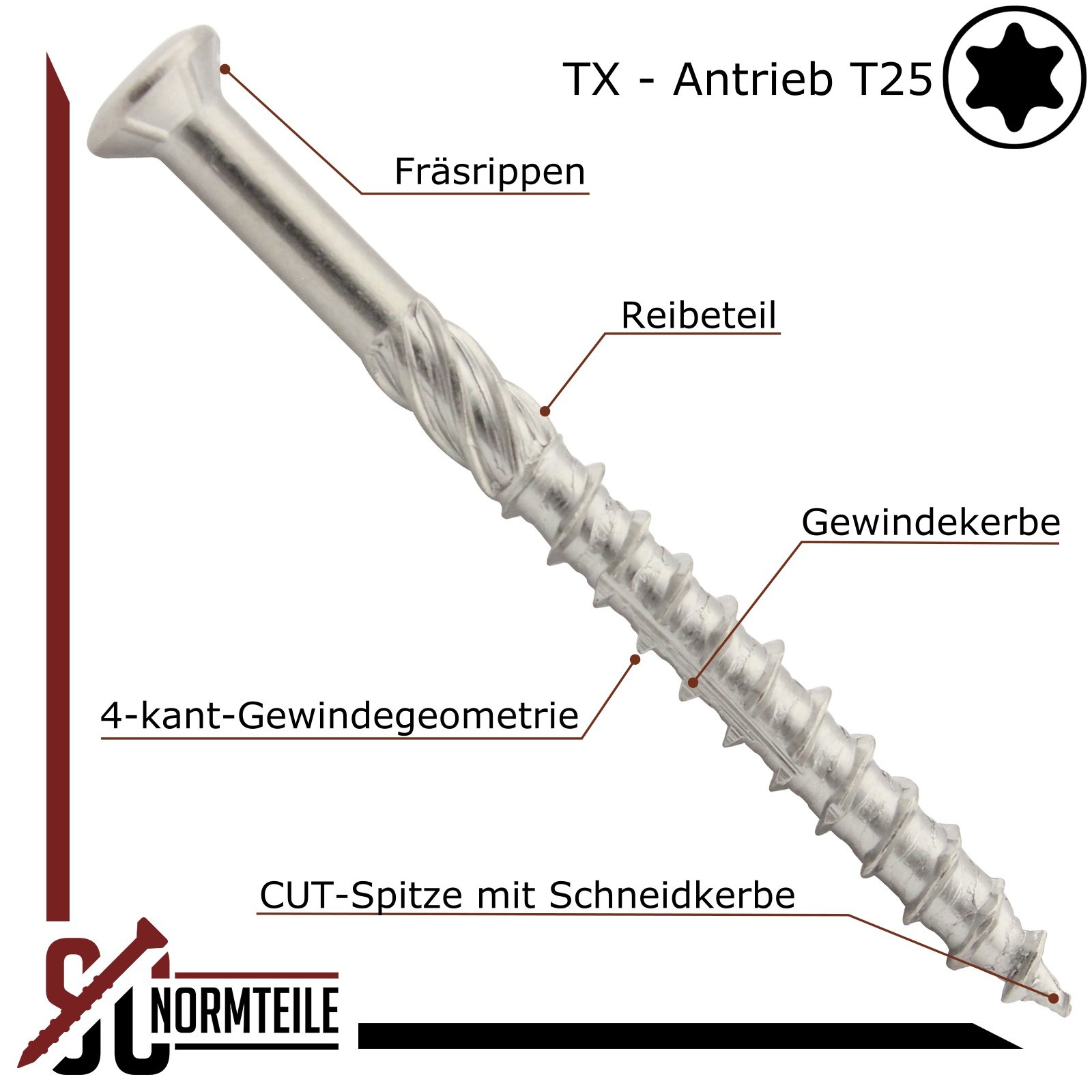 Terrassenschrauben aus Edelstahl C1 | 5x80 | mit CUT-Spitze | 500 Stück | Antrieb: Innensechsrund TX 25 | gehärtet, rostfrei | Terrassenbau, VA, SC9064