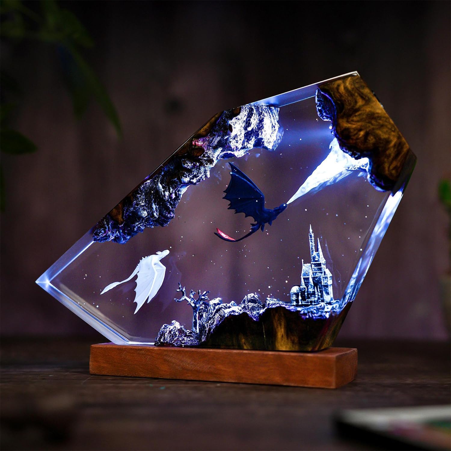 Lampa z żywicy smoka 3D, lampka nocna z żywicy epoksydowej z USB | 7-kolorowa dekoracja LED z kryształkami na biurko w sypialni, ręcznie robiona dla ojca, mężczyzny, męża(15*10cm)