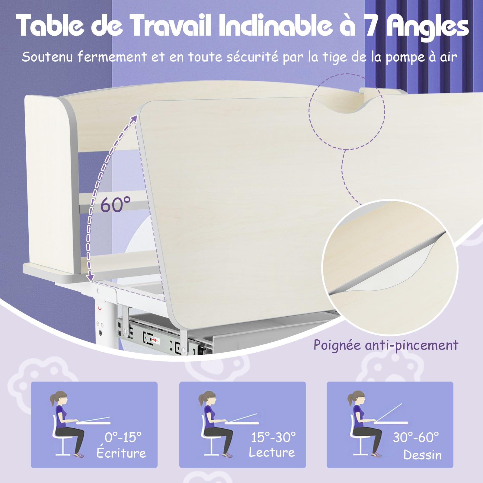 GOPLUS Bureau Enfant Fille Garcon, Table d'Étude Réglable en Hauteur avec Rangement, Plateau Inclinable à 7 Niveaux, Tiroir, Support à Livre, Bureau pour 3-12 Ans pour Maison École (Gris)