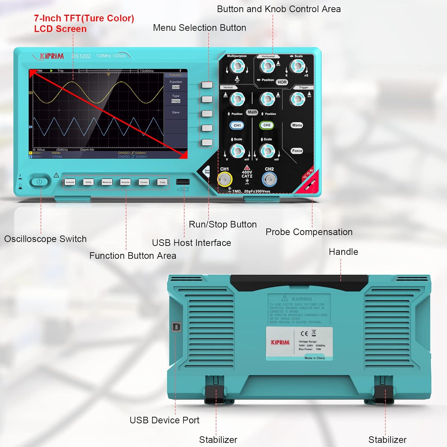 Kiprim DS1202 Digital Oscilloscope labeled parts