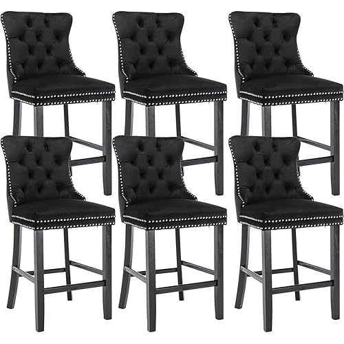 Virabit Velvet Bar Stools Set of 6, 27" Counter Height Bar Stools with Button and Nailhead Trim, Upholstered Bar Stool with Back and Wooden Legs, for Kitchen, Cafe, Pub (Black)