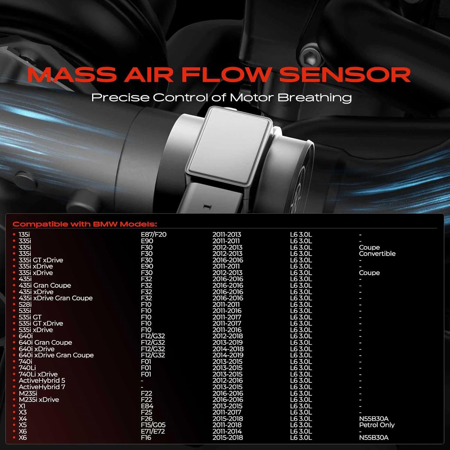 A-Premium Mass Air Flow Sensor MAF [4 Pins, L6 3.0L]Compatible with BMW 335I 11-16, 528I 2011, 535I 11-16, 435I 2016, 135I 11-13, 640I 12-19, 740I/740LI 13-15, ACTIVEHYBRID 5/7, X1 X3 X4 X5 X6