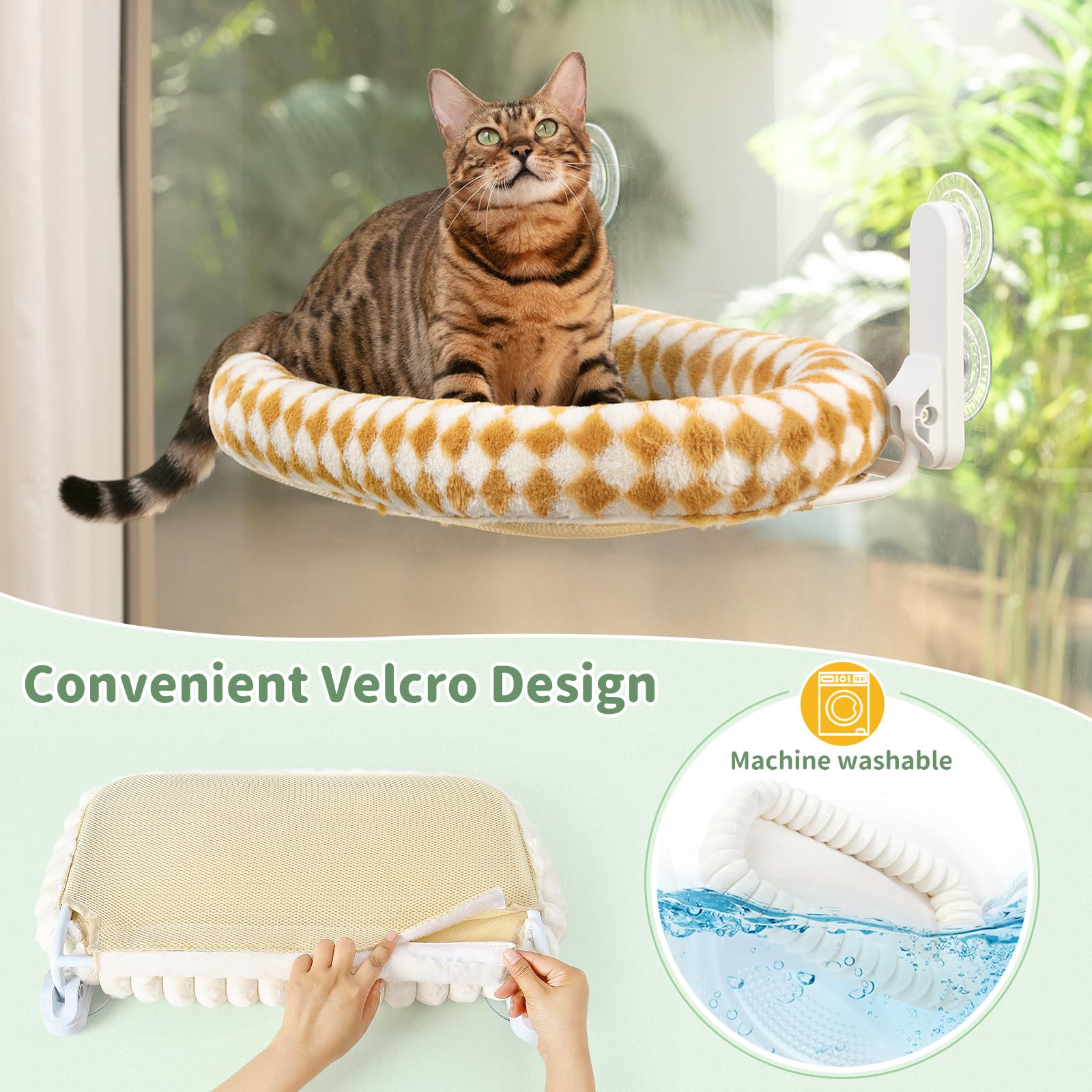 GUUSII HOME Foldable Cat Window Bed Indoor Hammock Perch for Large Cats Cordless Hanging Kitten Seat Shelf with Suction Cups Reversible Soft Plush Cushion Machine Washable 54 * 30cm (Brown - Image 3