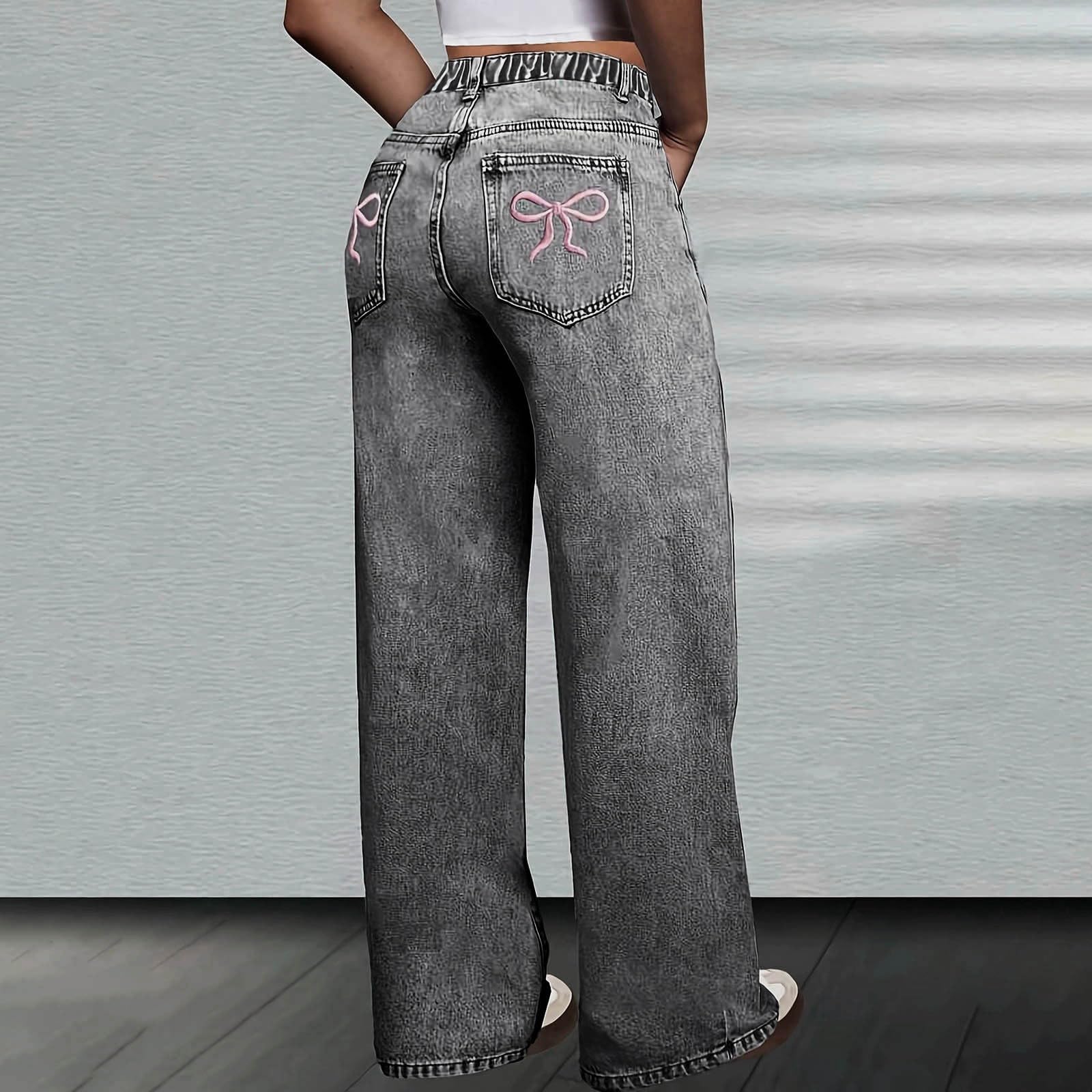 Pantalones De NiñAs-Pantalones Vaqueros Rectos De Cintura Alta con Lazo Bordado para NiñAs, Pantalones Casuales Bonitos para Uso Diario, Pantalones Vaqueros Holgados Y CóModos para Adolescentes.