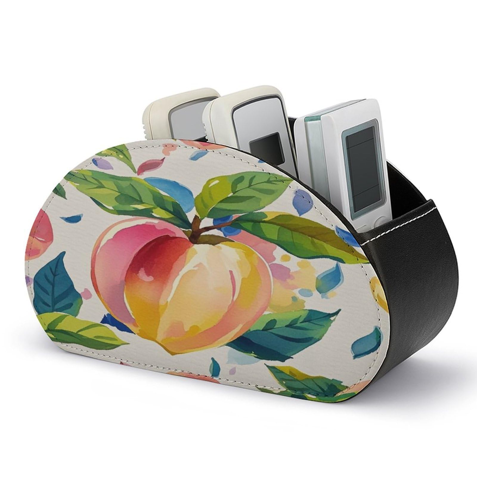 FekiLoot Leather TV Remote Control Holder with 5 Compartments Multifunctional TV Remote Holder Bedside Table Remote Caddy Storage Box Colorful Peach Watercolor Remote Organizer for Home Office