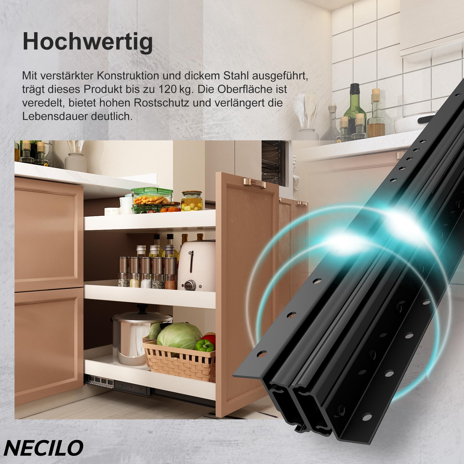NECILO 600 mm Schwerlastauszug Schubladenschienen mit Bodenhalterung, 3 Falten Vollauszug, Kugellager, Versteckte Gleitschienen für Treppen, Schwarz, 106 KG Tragkraft, 1 Paar
