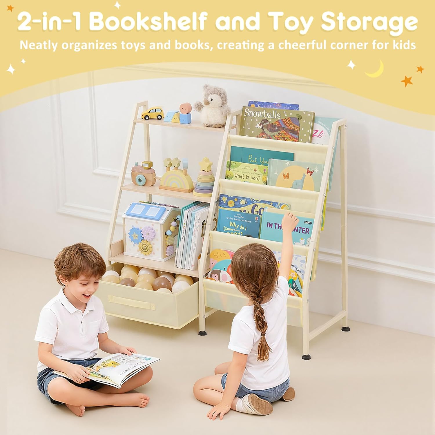 Fabuday Kids Bookshelf and Toy Storage Organizer - 4 Tiers Toddler Baby Sling Book Shelves for Kids Room, 3 Tier Montessori Childrens Bookcase for Nursery, Playroom, Classroom, Small Spaces - Image 3