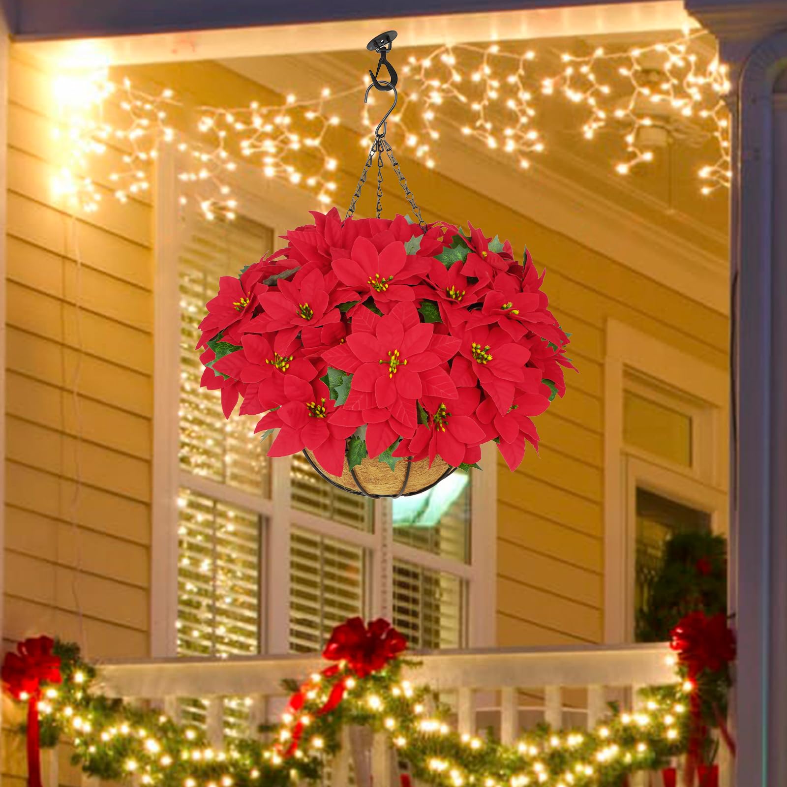BLEUM CADE Weihnachtsdekorationen - Künstliche Weihnachtsblumen Hängende Weihnachtssterne mit Korb für den Außenbereich, künstliche hängende rote Weihnachtssterne für Weihnachtsdekoration,