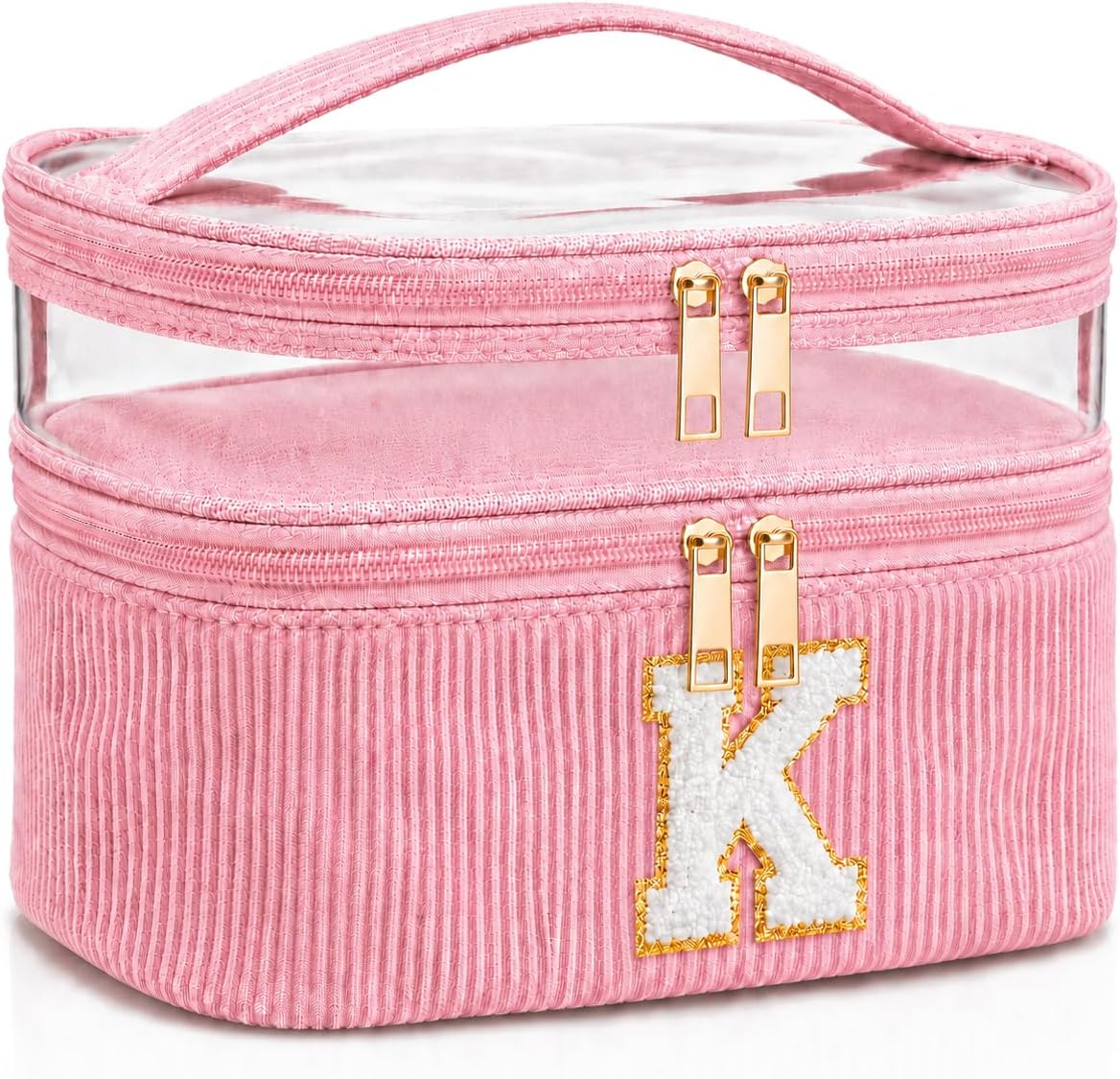 Initial Makeup Bag for Women, Double Layer Corduroy Cosmetic Bag, Preppy Letter Travel Toiletry Pouch, Large Capacity Makeup Organizer for Travel, Purse, Vanity & Gifts (Pink, K)