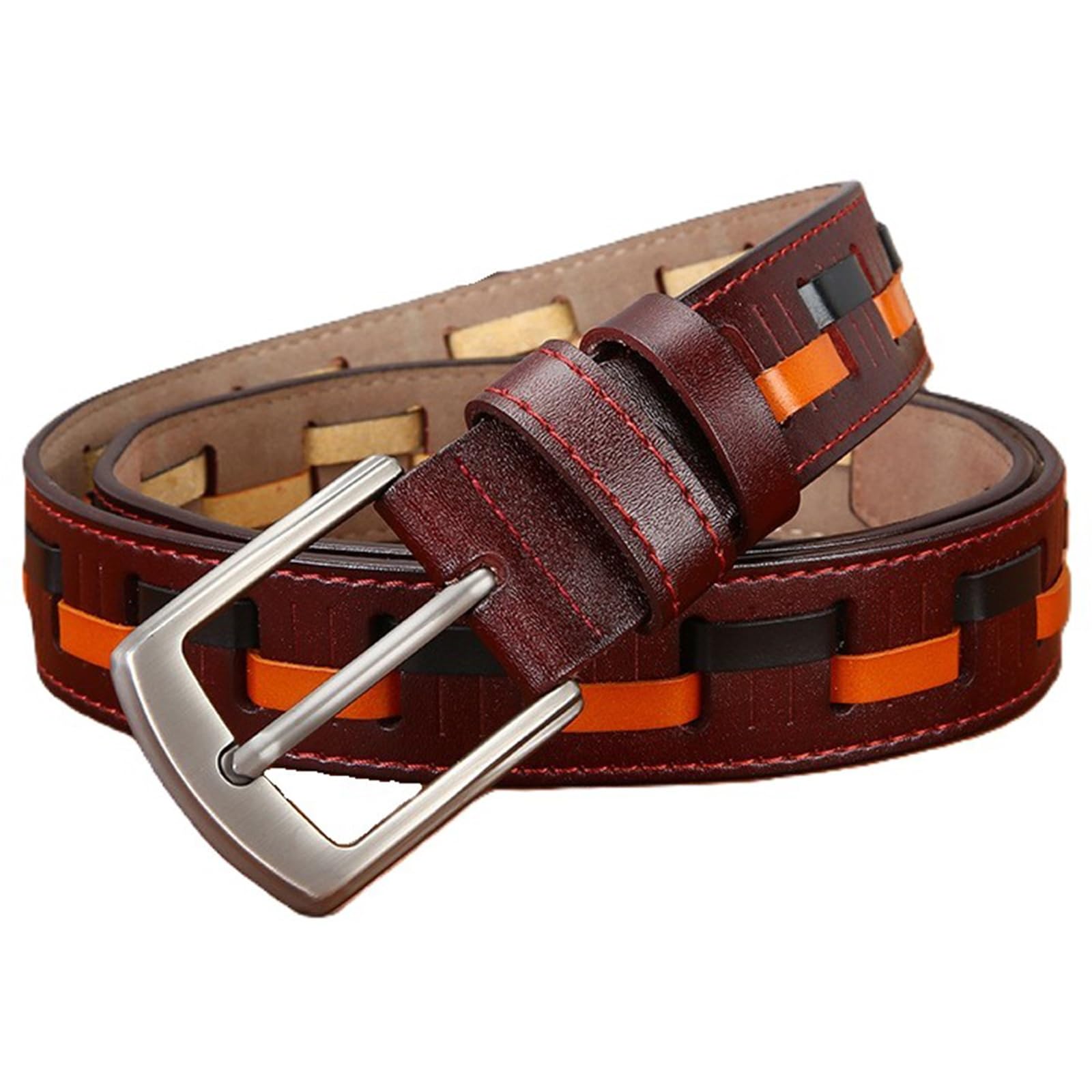 AGUTALITHIC Men Women Braided Stitched Leather Belt-Multicolored Splicing Woven Strap for Golf Work Casual Jeans Pants Shorts(115cm/45, Brown)