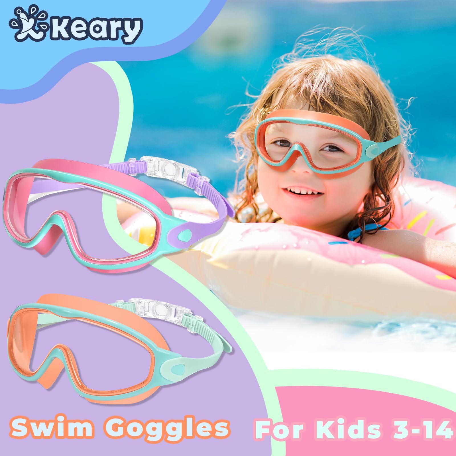 Keary 2 Pack Kids Swim Goggles for 3-15 UV Protection Anti-Fog Pool Water Swimming Goggles For Boys Girls Youth Toddler