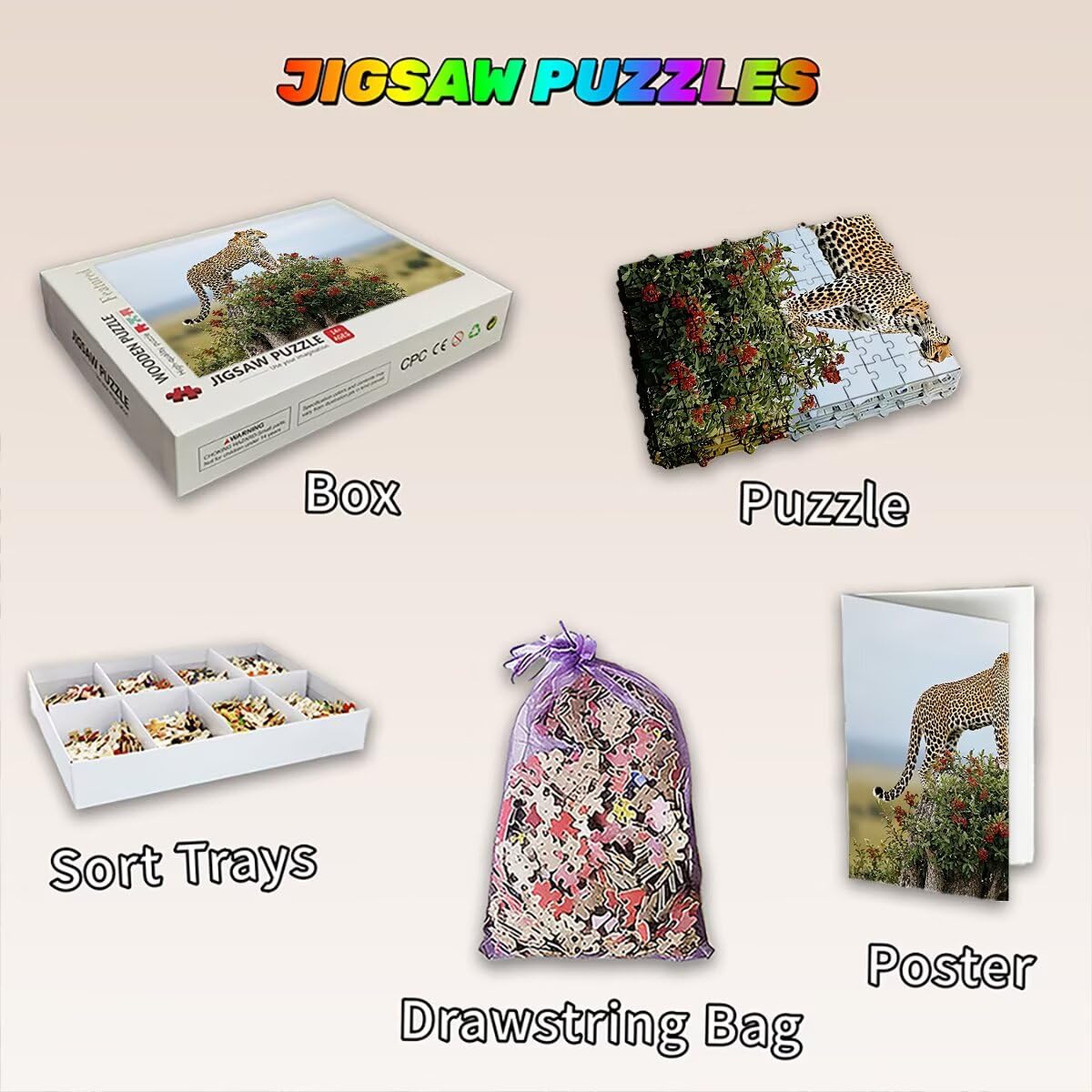 Puzzle 1500 elementów dla dorosłych, puzzle 1500 elementów lamparta, fabryczne puzzle dla dorosłych z wykwintnym pudełkiem do pakowania, gry edukacyjne, duże drewniane puzzle na prezent dla kobiet