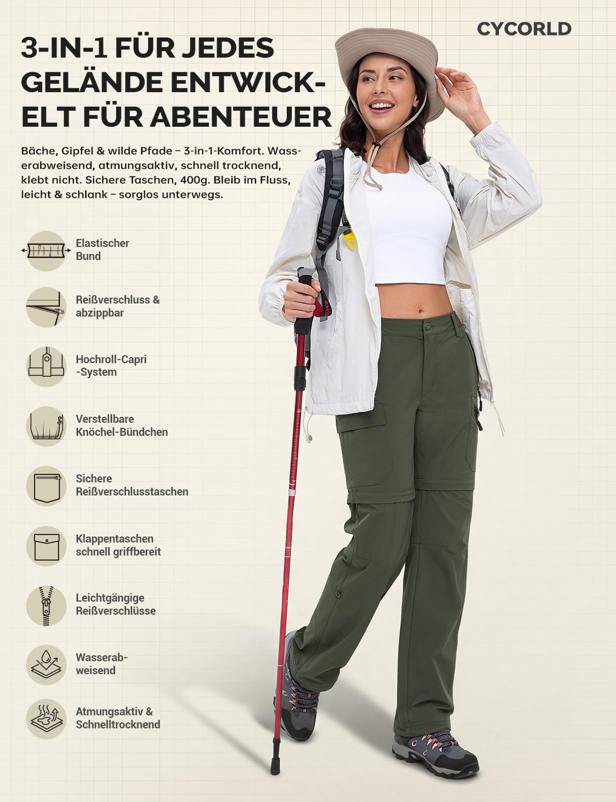Cycorld Pantaloni Cargo Escursionismo Donna Zip off Impermeabile Pantaloni Passeggiata Leggero Quick Dry Convertibile Stretch Outdoor Casual con 5 Tasche(Verde Militare, L)