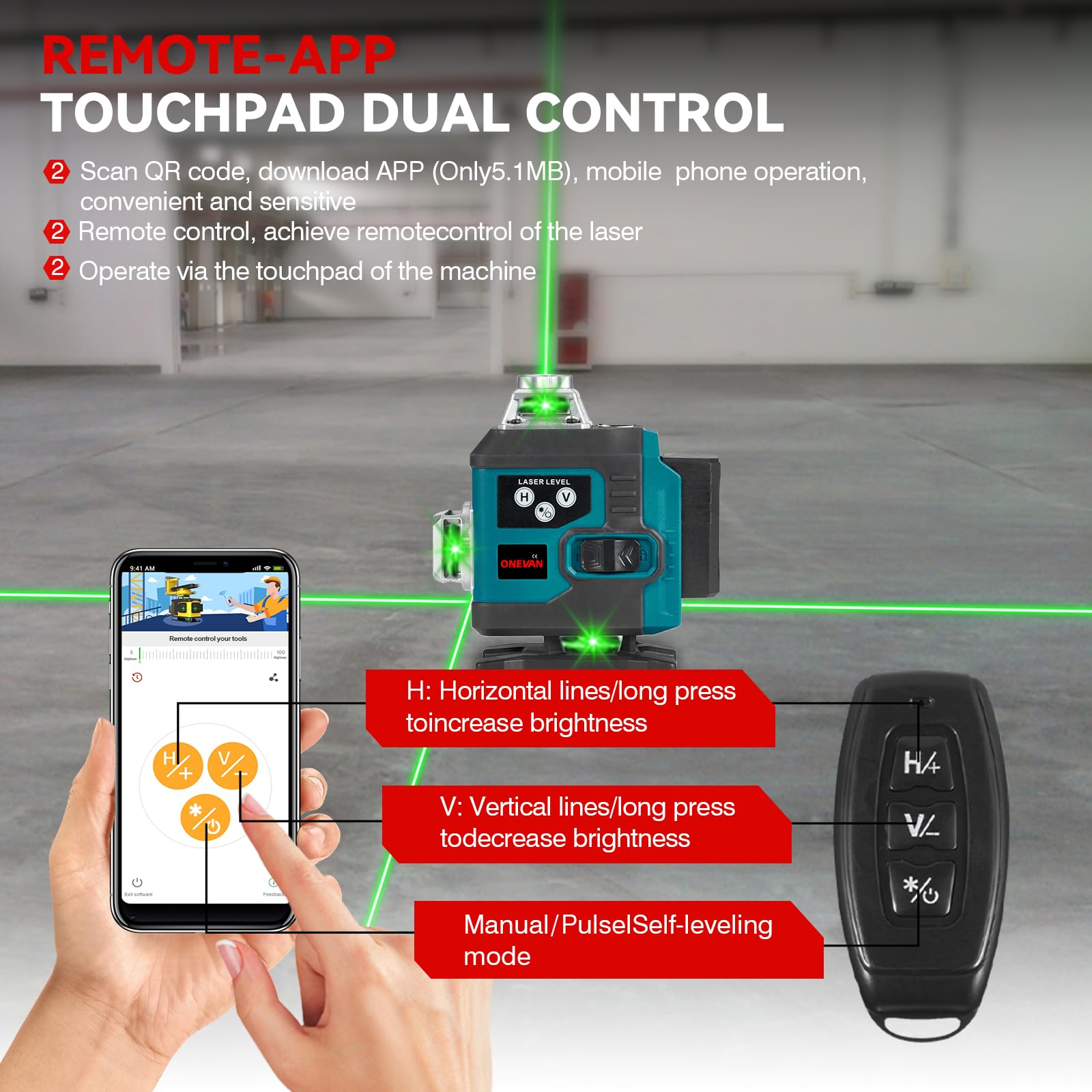 ONEVAN Livella Laser 4D 16 Linee Verdi con Treppiede 1m, Autolivellante Professionale ±3°, Portata 25m, 2 Batterie 2400mAh, IP54 Laser Croce Verde per Pavimenti, Piastrelle e Cartongesso