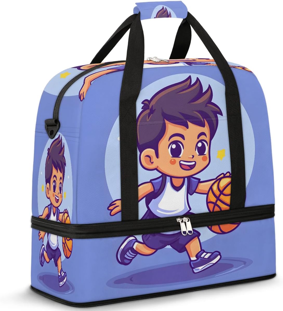 Sports Duffel Bag, Foldable Basketball Player Travel Duffel Bag, Gym Yoga Beach Bag Weekender Overnight Bag with Shoes Compartment for Men Women, Cartoon Basketball Player