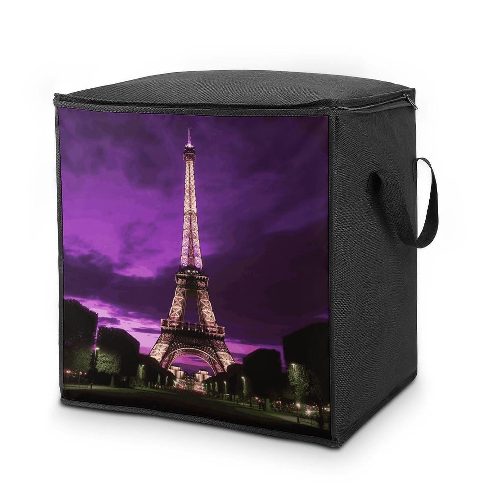 Purple Eiffel Tower Storage Bag with Zippers And Handle Extra Large Bedding Comforter Storage Bag Foldable Blanket Storage Bags Fabric Moving Bags for Closet Organizer (70L)