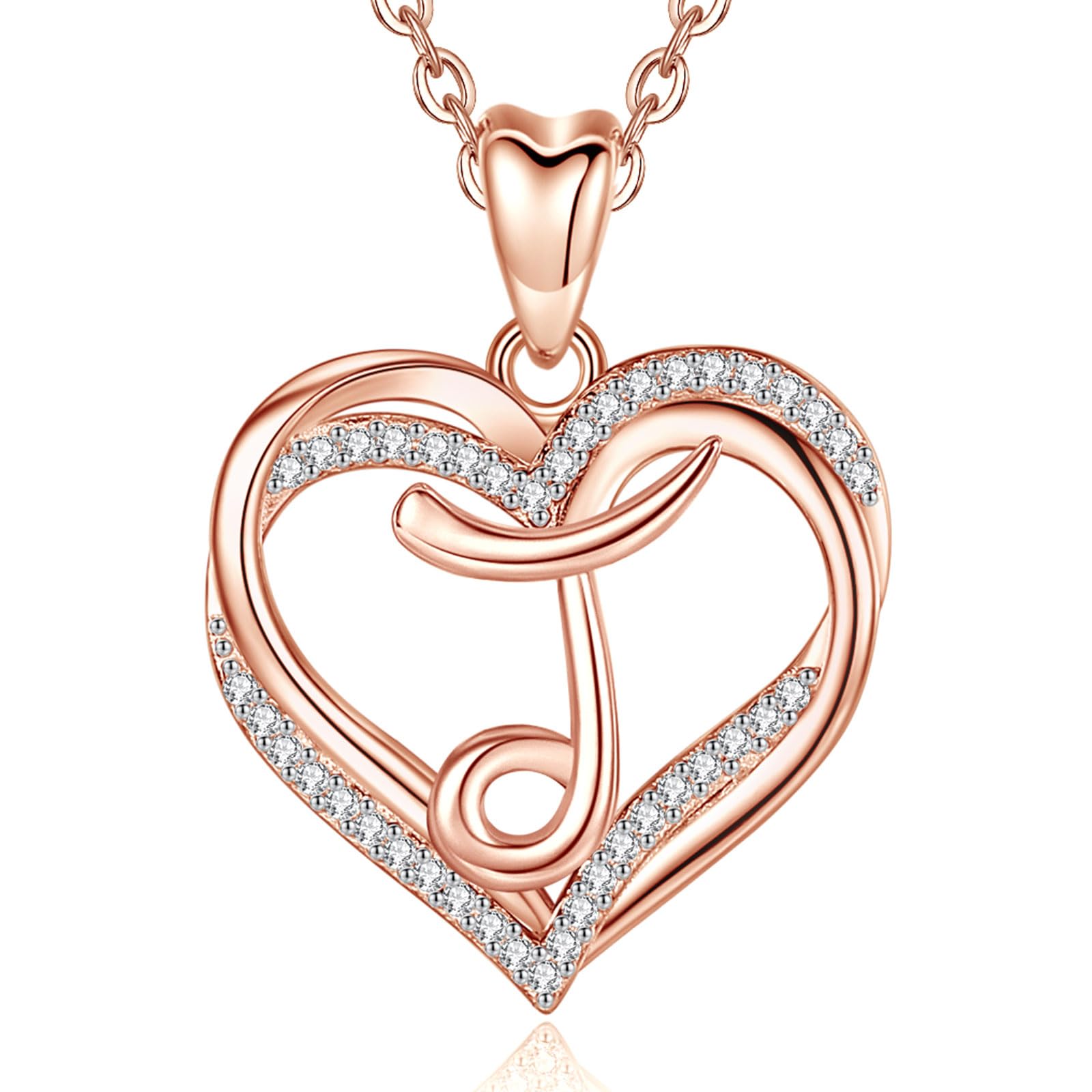 INFUSEUHeart Pendant Necklace Letter A-Z Alphabet Capital Jewelry Double Heart Initial Necklaces Cubic Zirconia CZ for Women Romantic Gifts, 20 Inch Chain