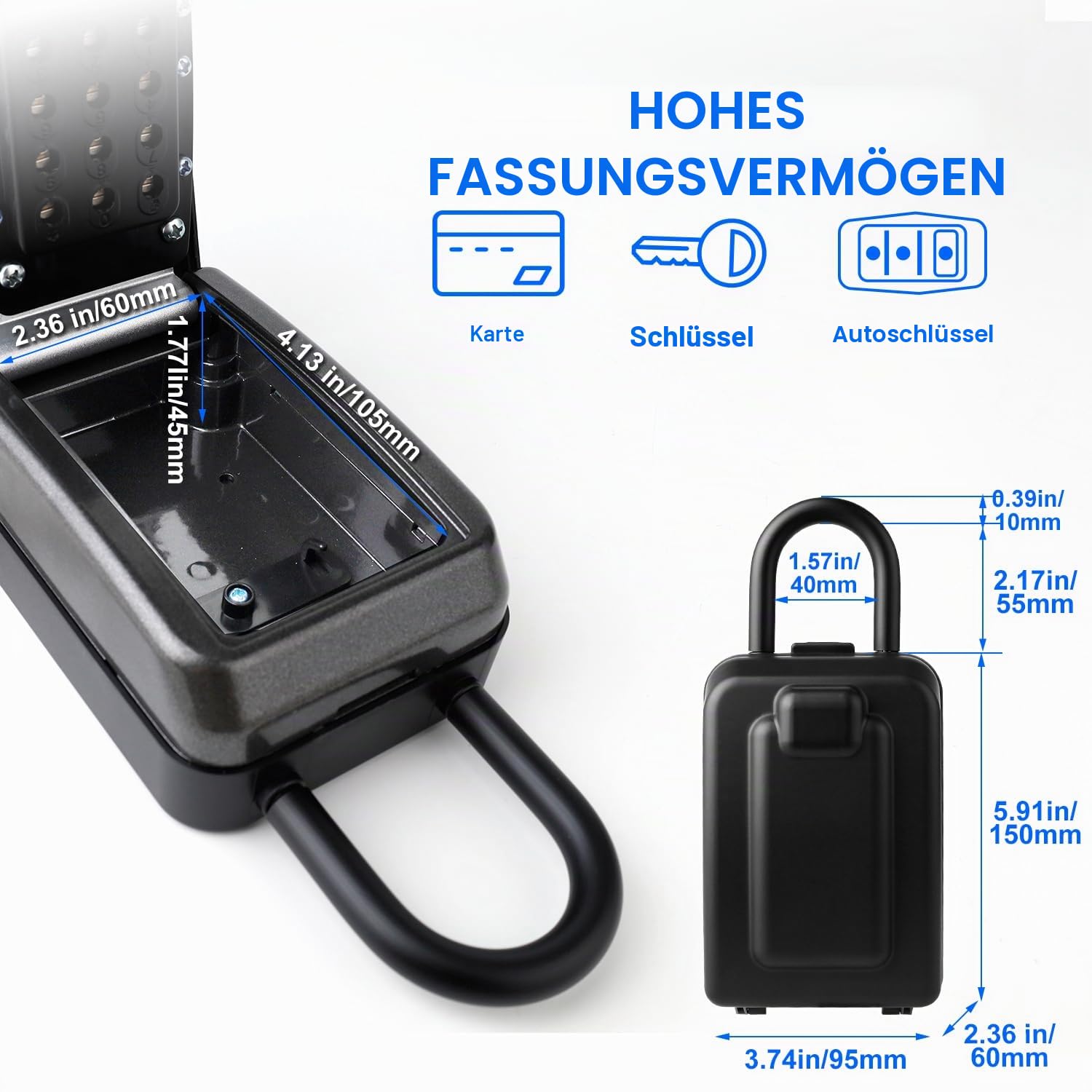 Schlüsselschlossbox, 12-stelliger Code, wetterfeste Wandhalterung, große Kapazität 5–8 Schlüssel, Aluminiumlegierung (Schwarz, 9,1 x 5,7 x 19,8 cm mit Bügel)