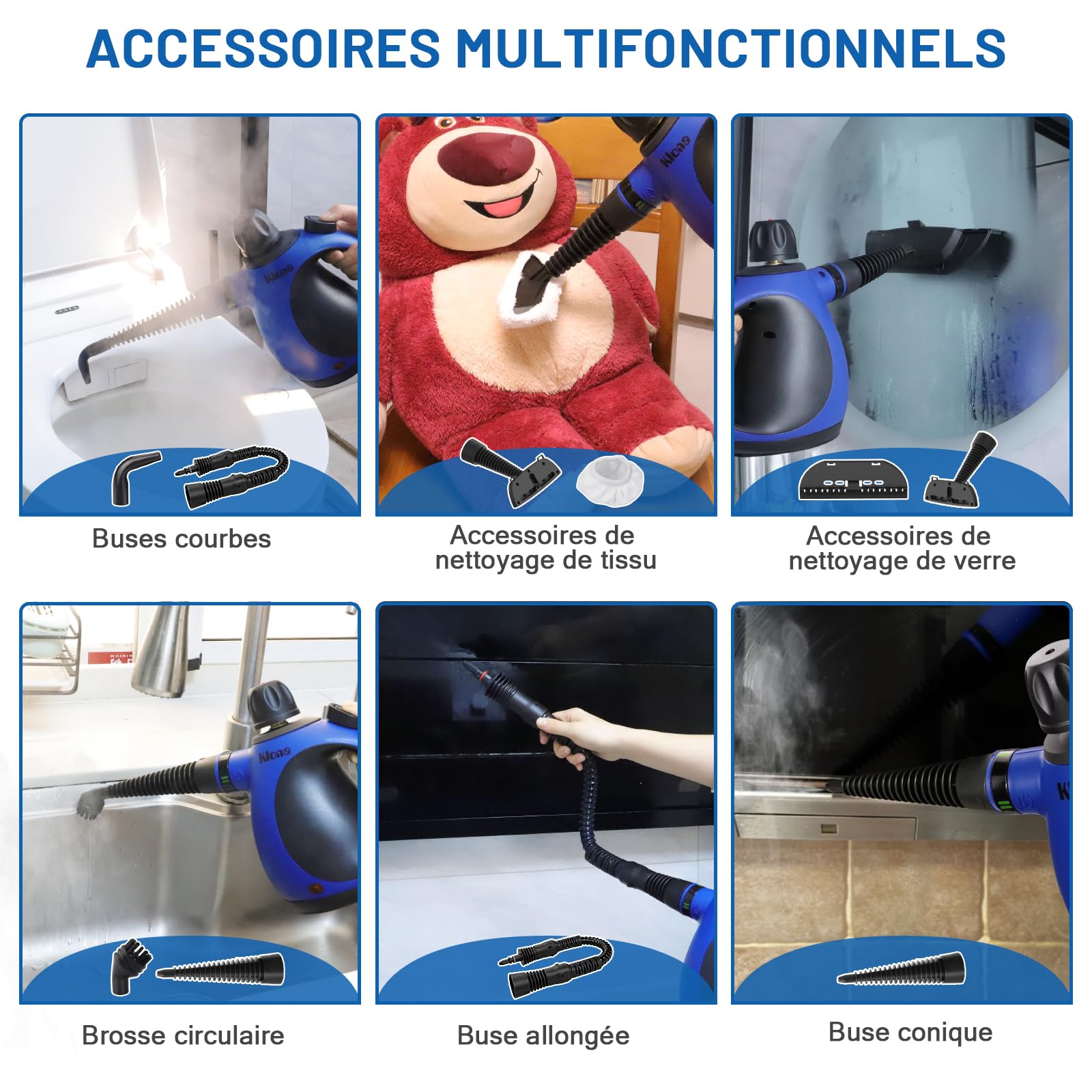 Klona Nettoyeur vapeur portable pour la maison - Nettoyeur vapeur multifonction avec 10 accessoires pour tapis, rideaux, canapés, cuisine, salle de bain et plus encore (bleu marine)