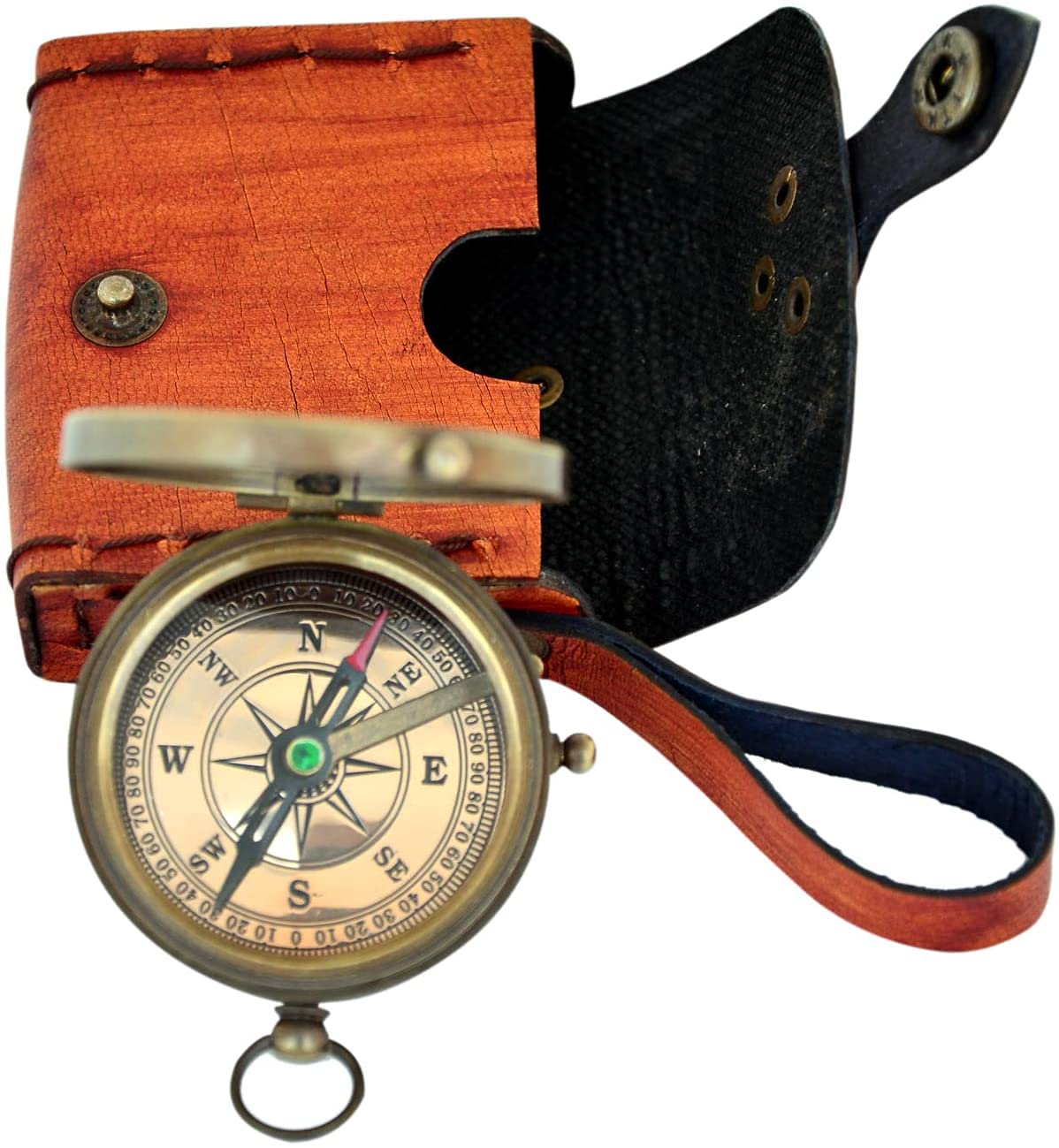 Brújula de latón hecha a mano con lazo superior para cadena, botón de brújula senderismo, camping, viajero y regalo antiguo brújula con funda de cuero rústico