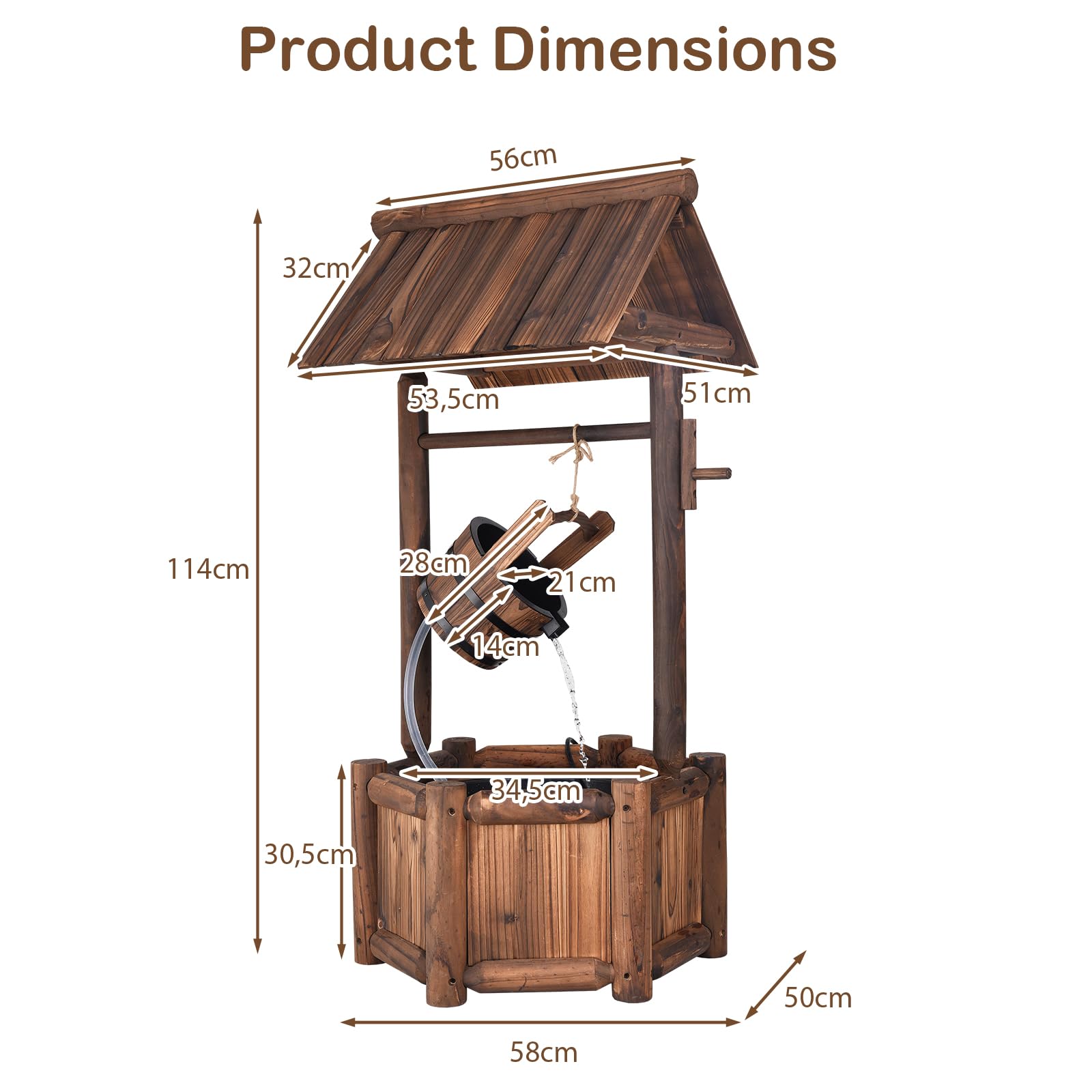 SOARS Fontaine Exterieure de Jardin 58 X 58 X 114 CM, Puit Decoration Jardin en Bois de Sapin avec Toit pour l'Extérieur, Seau Réglable en Hauteur, pour Cour, Pelouse, Jardin (58 X 58 X 114 CM)