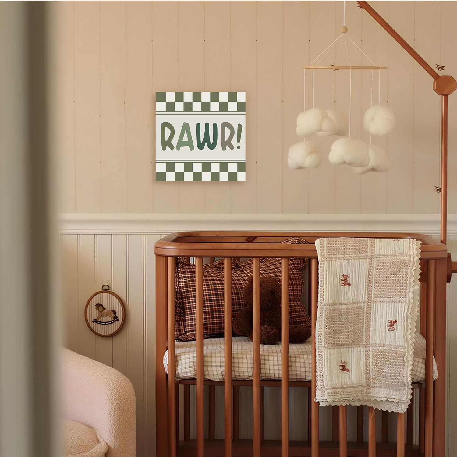 Dinosaur Nursery Decor Wooden Sign, Rawr Dinosaurs Dino Sage Green Sign Decor for Dinosaur Room Decor Kids Toddler Boys Room Bedroom Playroom Desk Shelf 5X5 Inch image 4