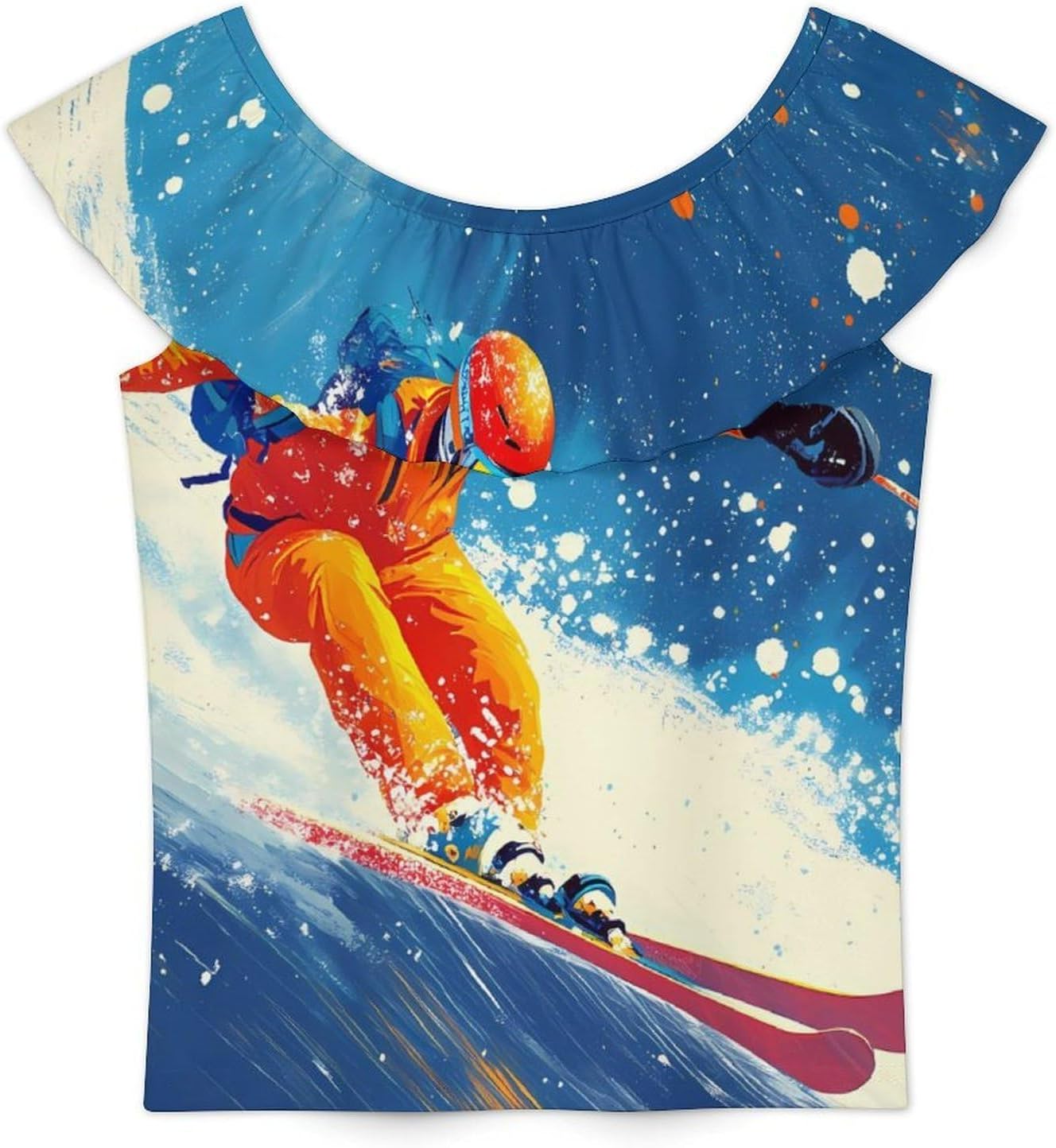 Skier Ski Skiing On Snowy Mountain Girls T-Shirts Top Ruffle Short Sleeve Blouse Casual Graphic Tees