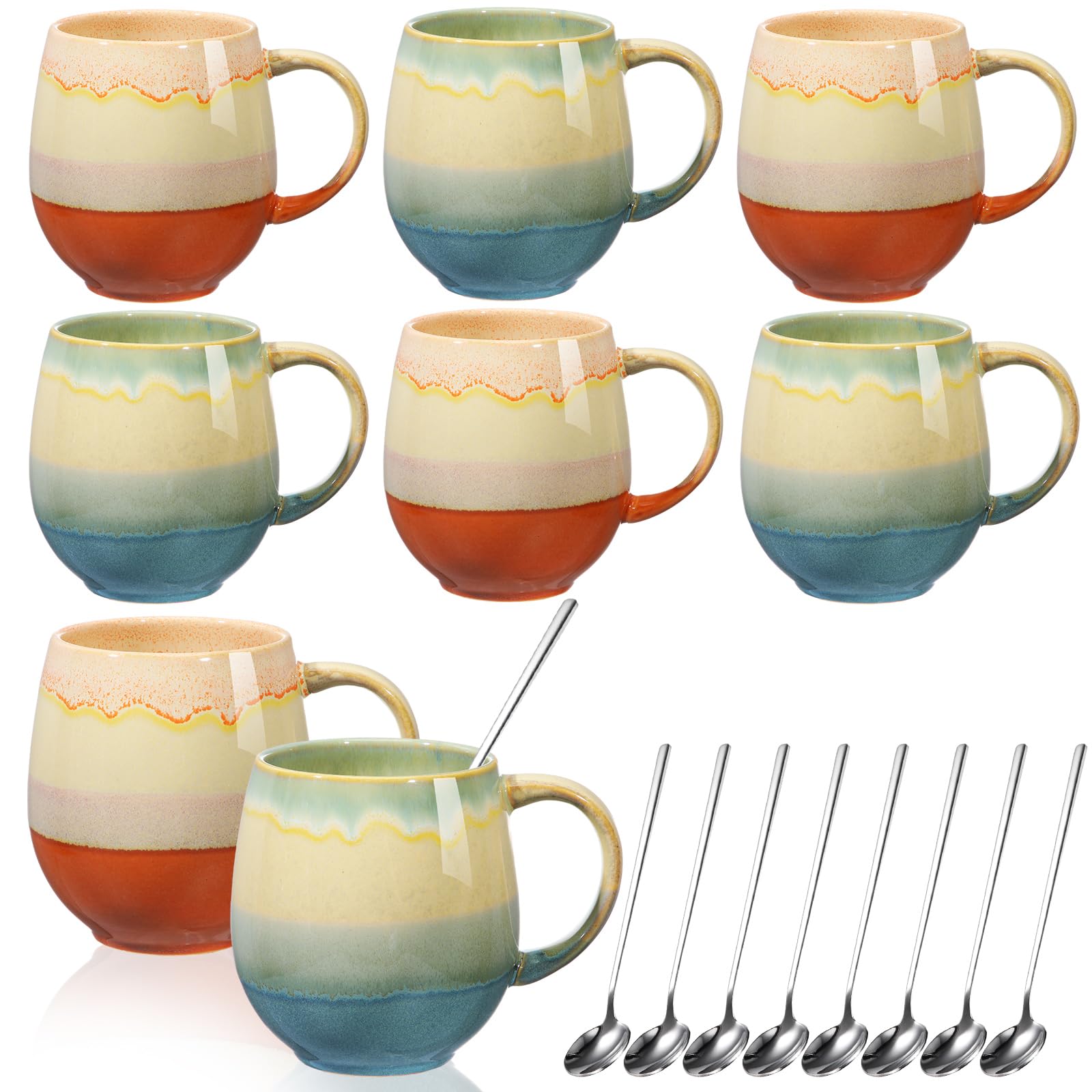 Lallisa Set of 8 Large Coffee Mugs Set with Spoons, 18 oz Ceramic Tea Mug Tea Cups for Coffee Tea Hot Cocoa Funny Ceramic Coffee Cups for Women Men, Housewarming Gift, Christmas Gift