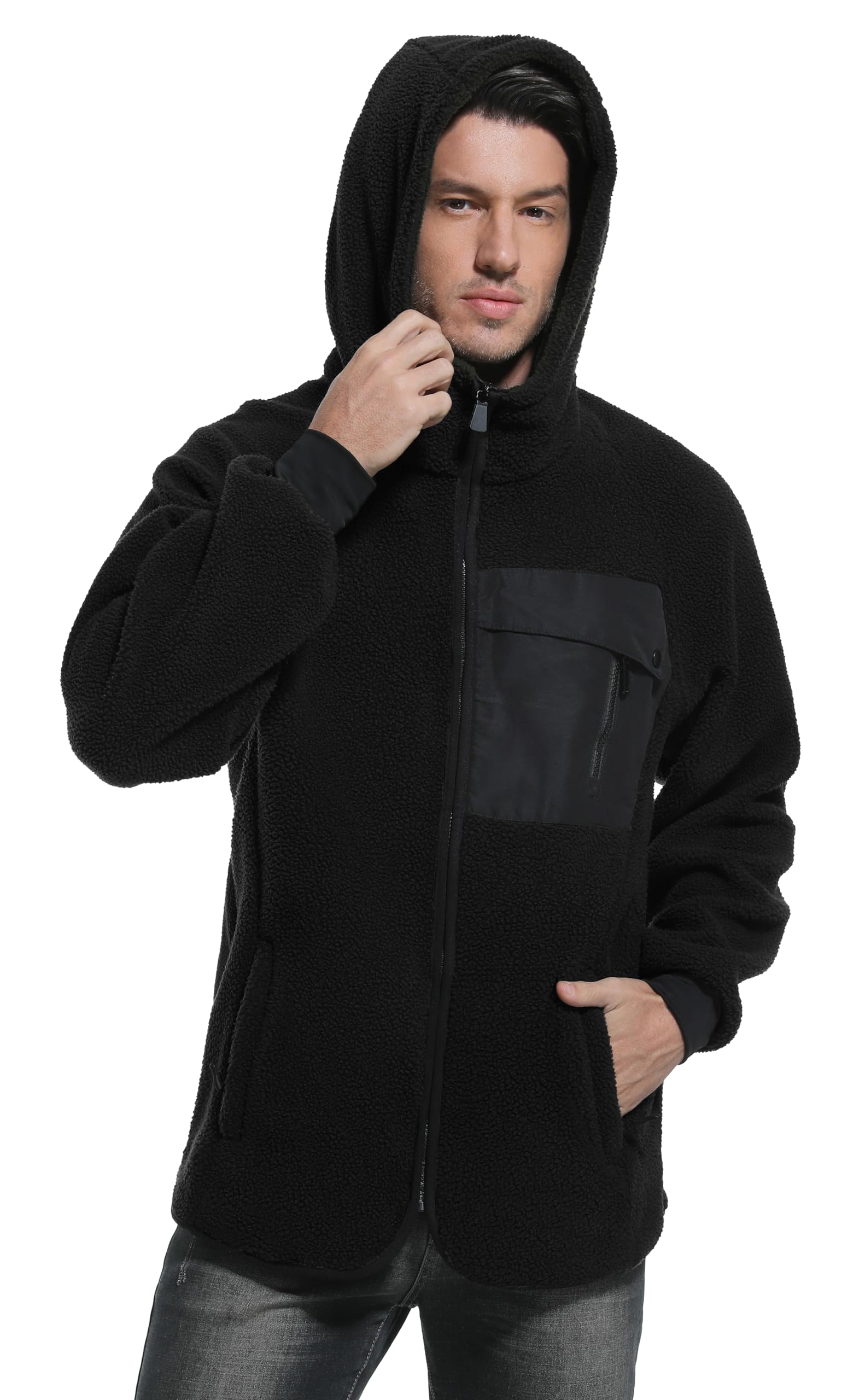 Mnking Herren Fleecejacke mit Kapuze Warme Polar Fleece Jacke Winter Full Zip Hoodie Winddicht Winterjacke für Outdoor Laufen Wandern Ski