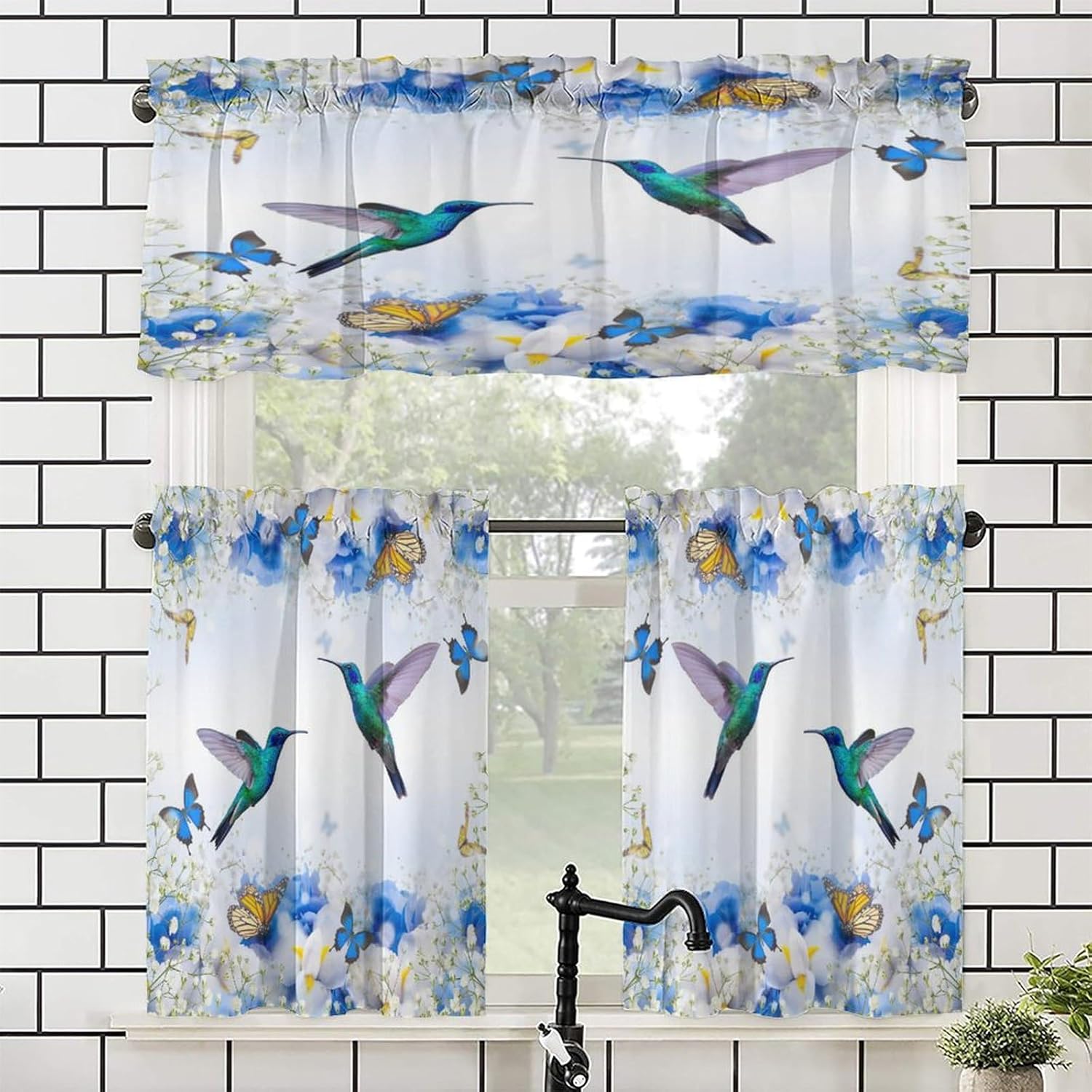 Brebasf Spring Hummingbird Valance for Window Curtains,Abstract Floral Birds Romantic Blue Flowers Rod Pocket Curtains Valance Window Treatment 1 Valance(54"x18")&2 Tiers(27.5"x36")