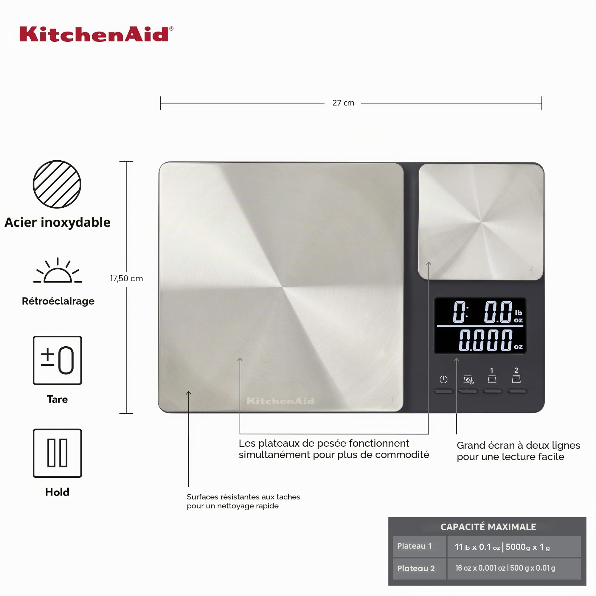 KitchenAid Balance de cuisine numérique à double plateforme Capacité 5 kg Noir