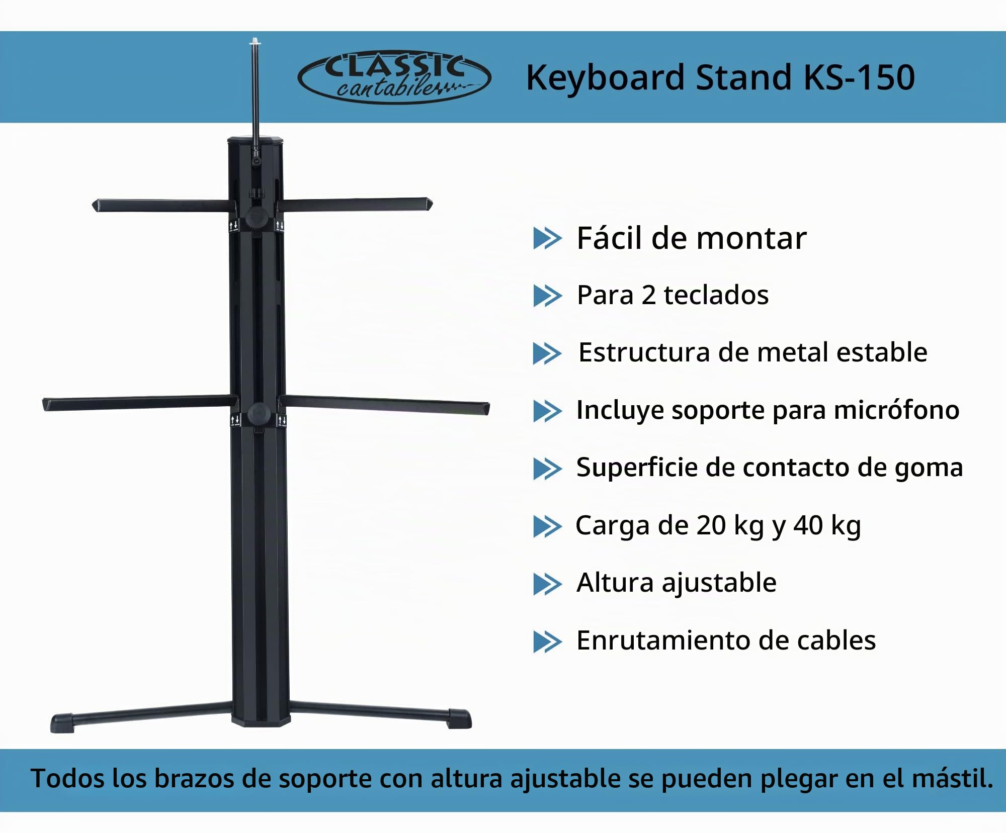 Classic Cantabile Soporte Para Teclado KS-150 Negro, 5 cm, Base: 88 x 51 cm | Soporte Doble Para Teclado, Construcción Estable Y Versátil, Ambos Niveles Con Altura Ajustable Sin Escalas, 5 cm, Peso: 6