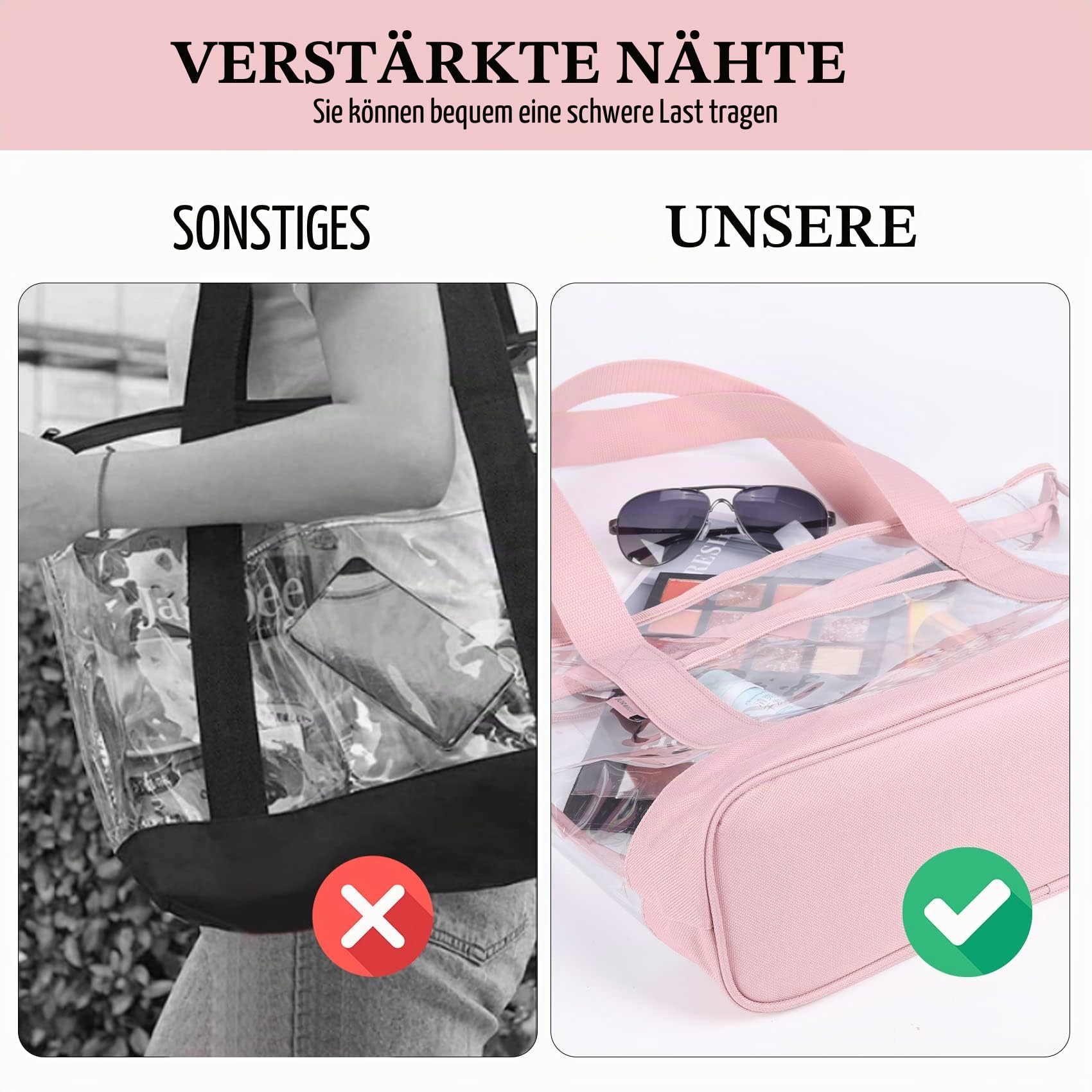 BORMELUN Transparente Tragetasche, Handtaschengriff mit Reißverschluss für die Arbeit, Kunststoff, transparent, durchsichtig