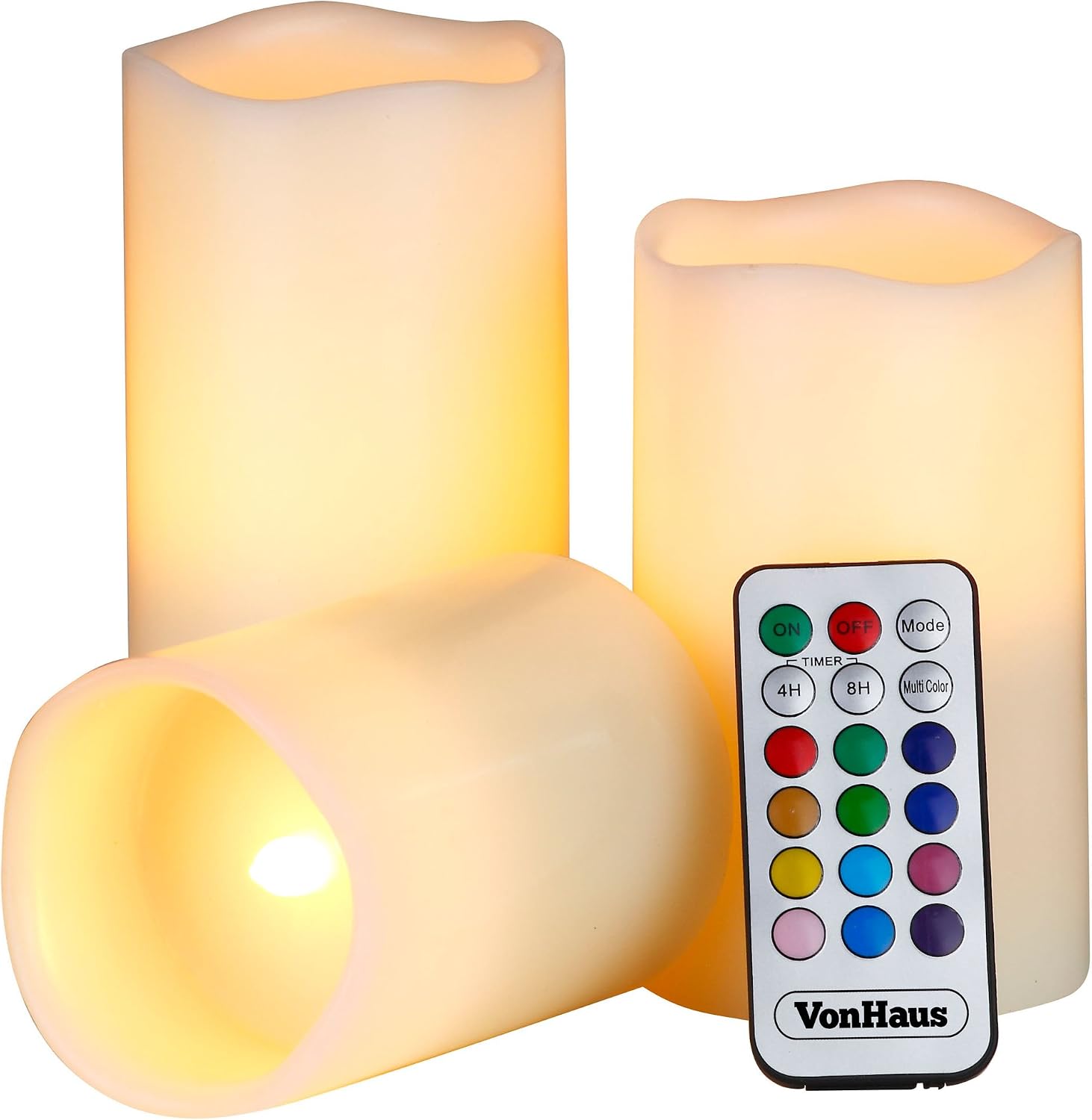 VonHaus Electric Flameless Candles - 3X LED Battery Operated Real Wax Pillars Candle Lights with 12 LED Color Settings, Remote Control & Timer Set of 3 Ivory Color