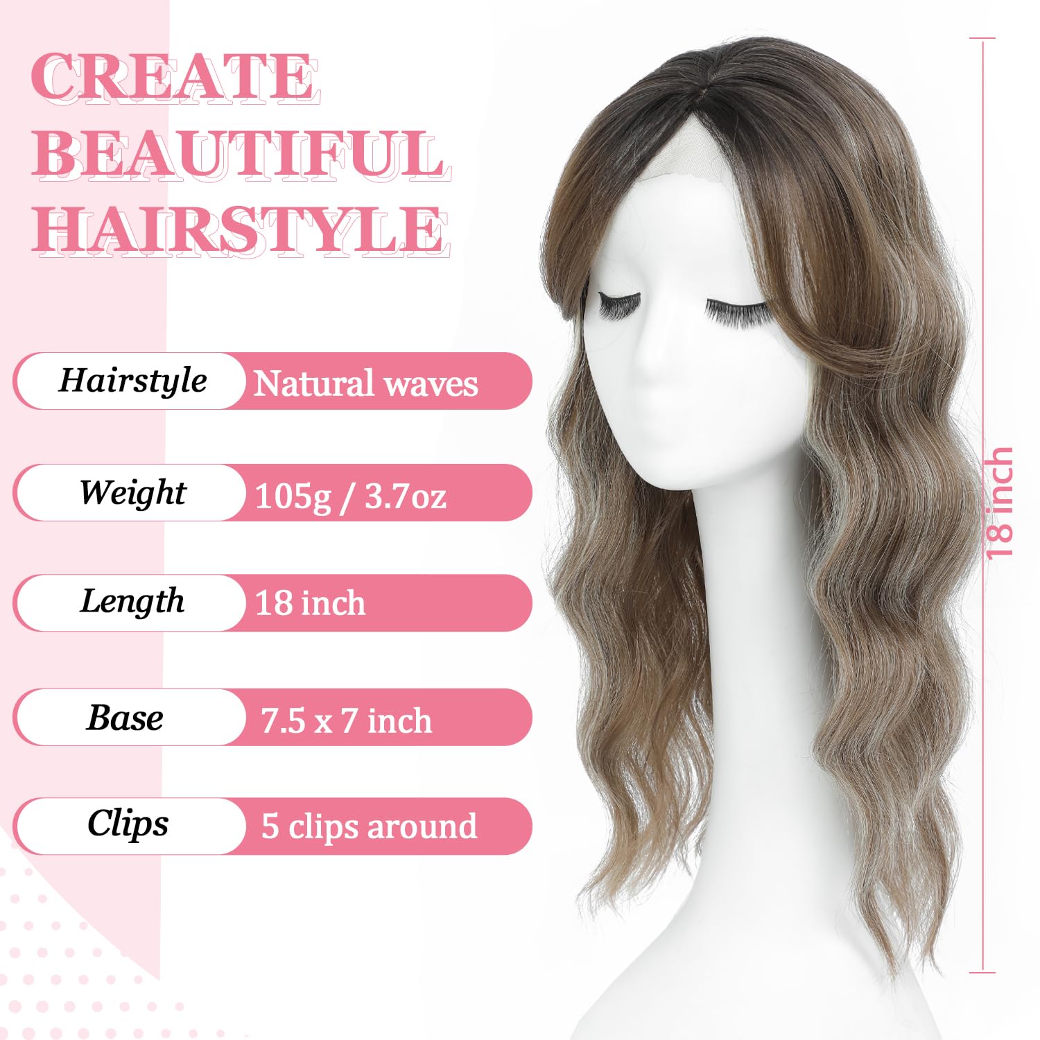 Lasunork Hair Toppers for Women Wavy Curly Hair Topper Hand-Tied Lace Clip in Fringe (Ombre Brown with Blonde Highlights) - Image 2