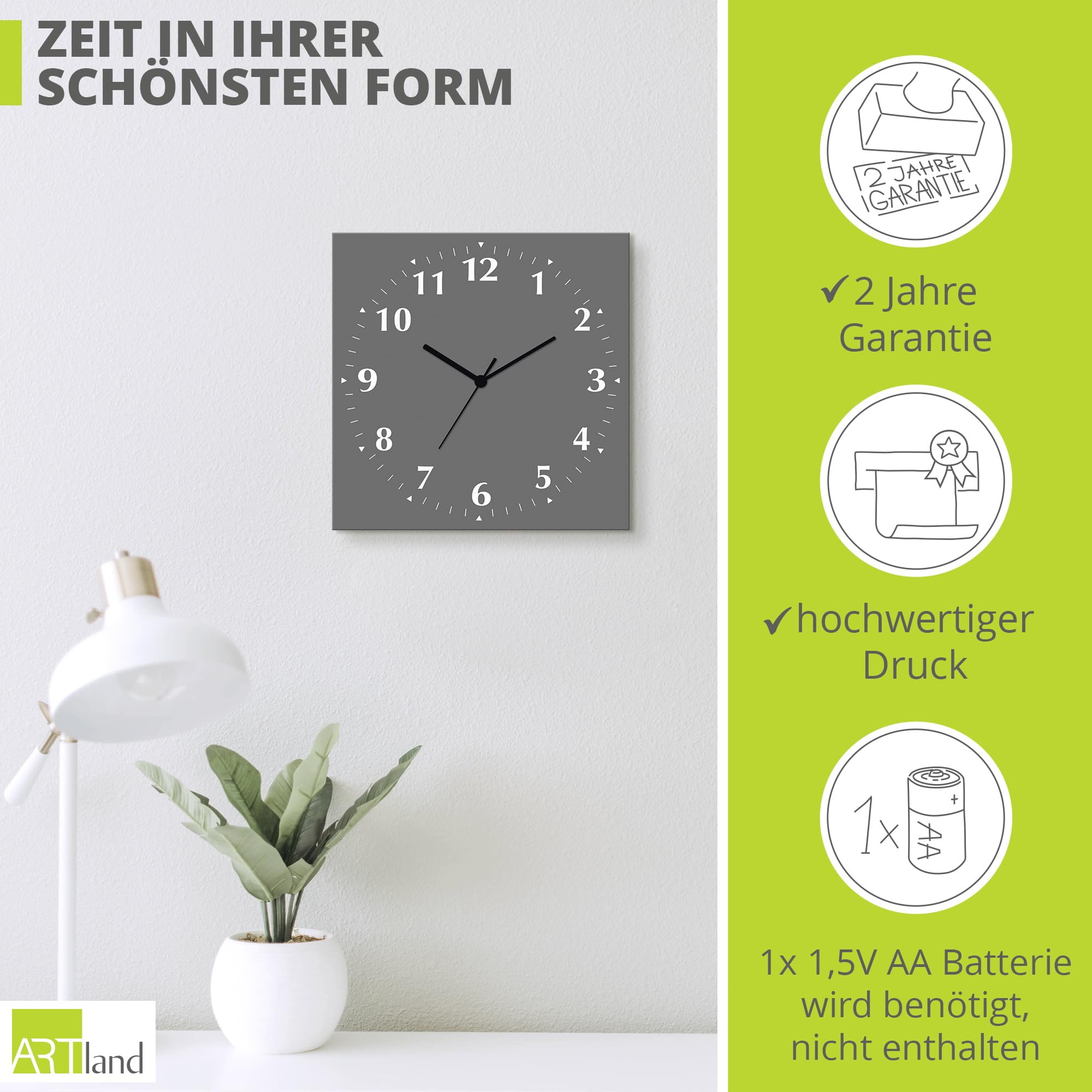 ARTLAND Wanddeko Wanduhr ohne Tickgeräusche Alu Funkuhr 30x30 cm Quadratisch Lautlos 12 Ziffern Farbig Schlichtes Design Grau S7KC