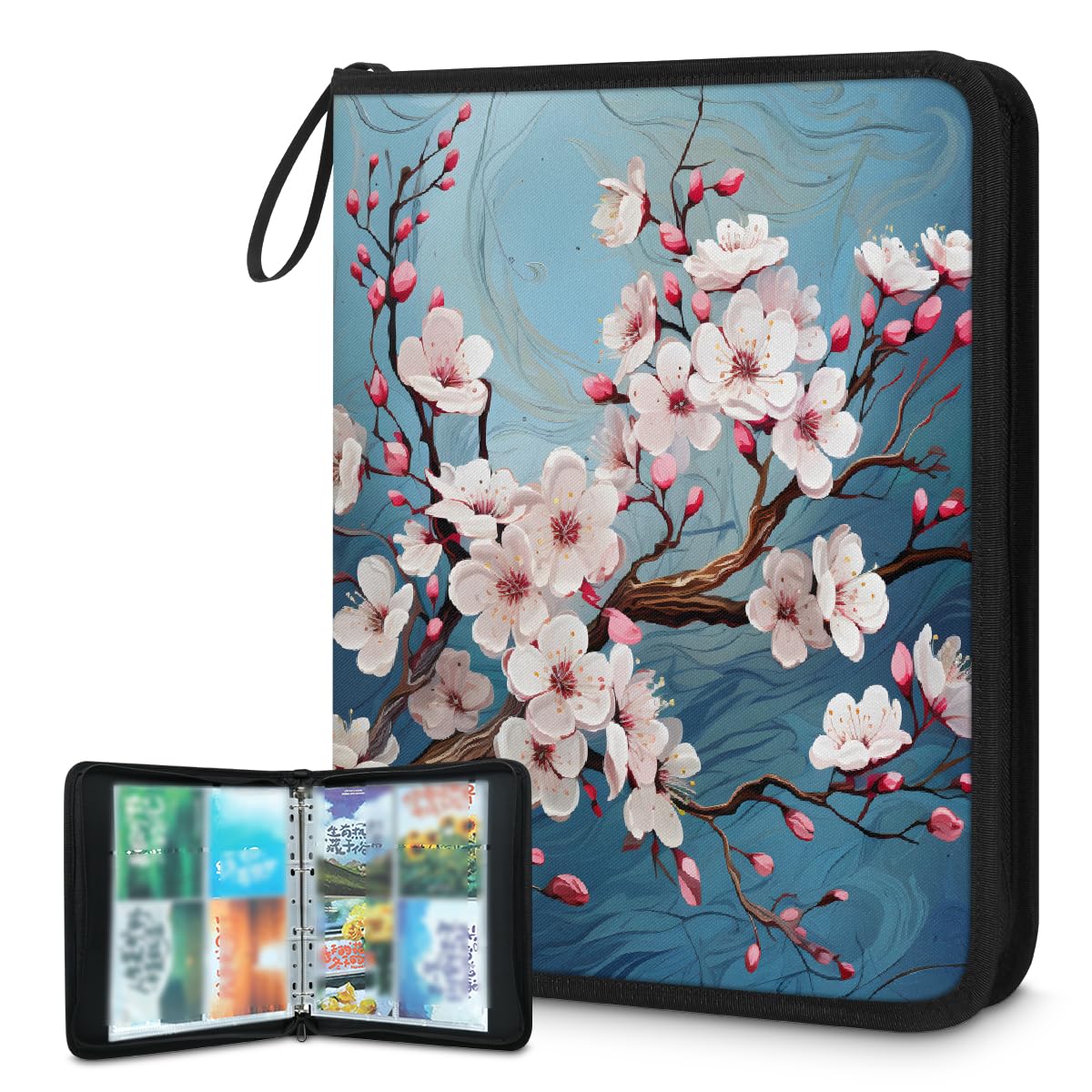 Raccoglitore per carte collezionabili con 4 tasche, fiori di ciliegio, con maniche rimovibili, impermeabile, con cerniera, 50 pagine, capacità 400 carte