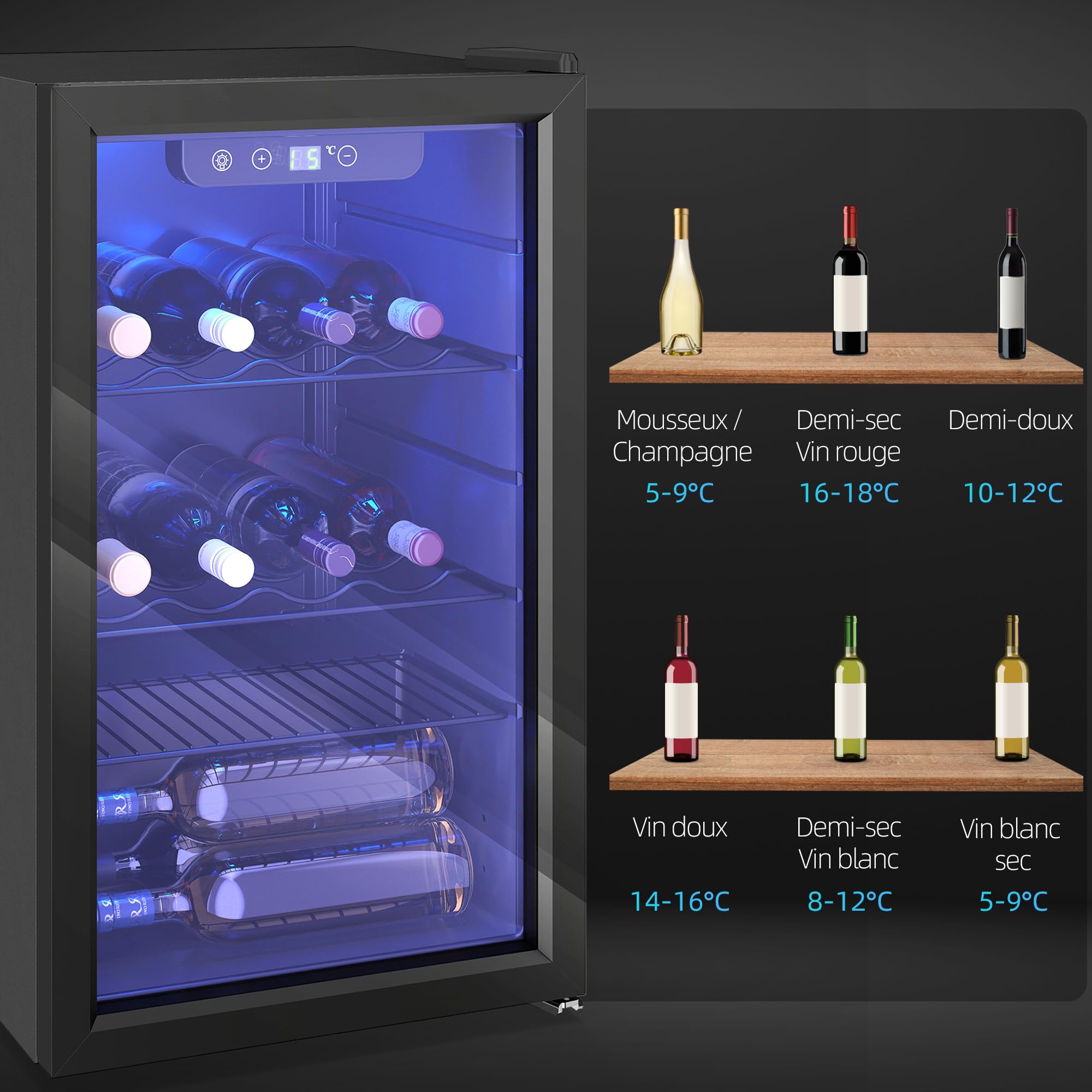 HOMCOM Cave à vin 24 bouteilles 68L, réfrigérateur à vin et boissons, température réglable 4-16°C, porte réversible verre trempé double, éclairage LED, écran tactile, noir