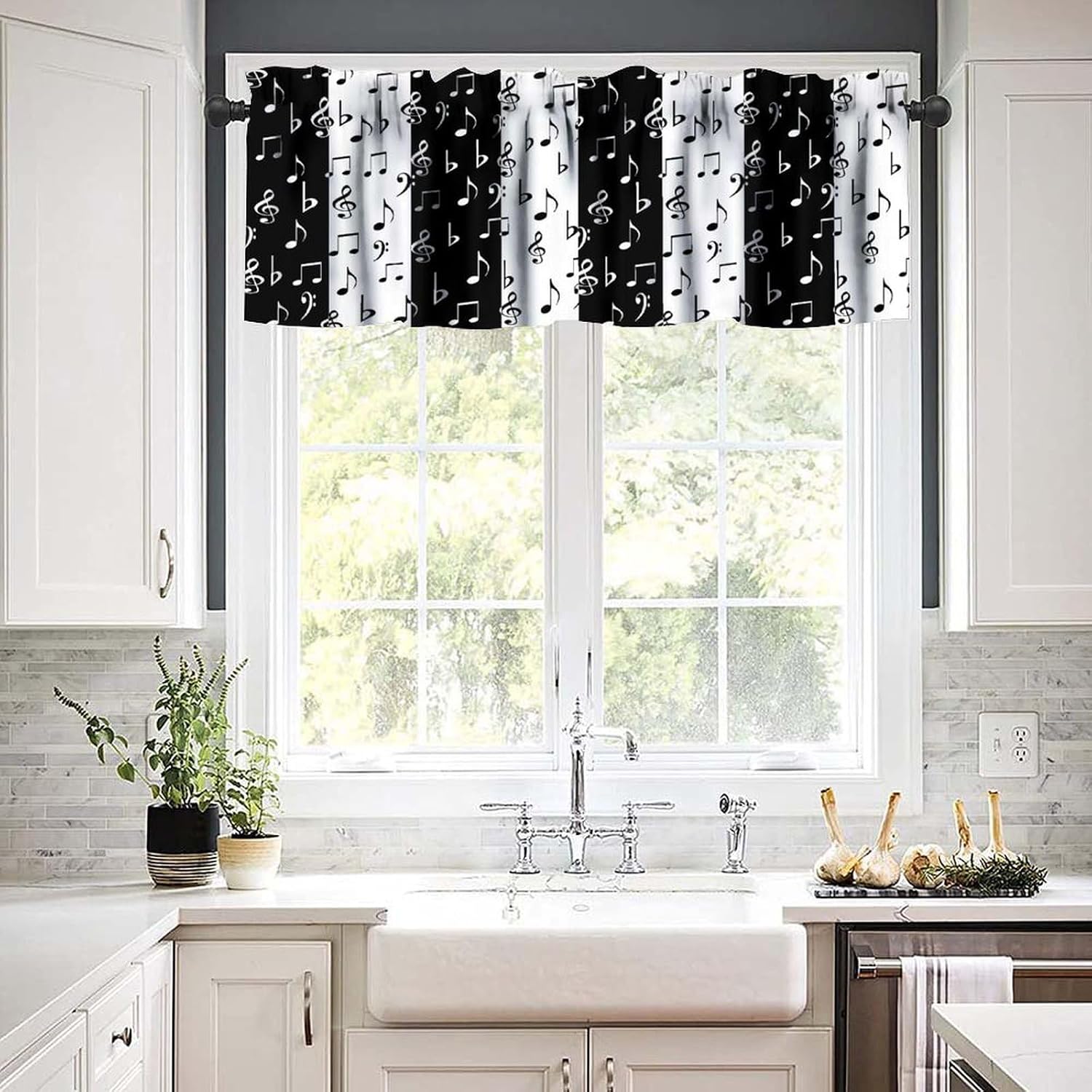 Music Window Valance Curtains Black and White Music Notes Pattern Short Curtain for Kitchen Living Room Bathroom Windows W54xL18in